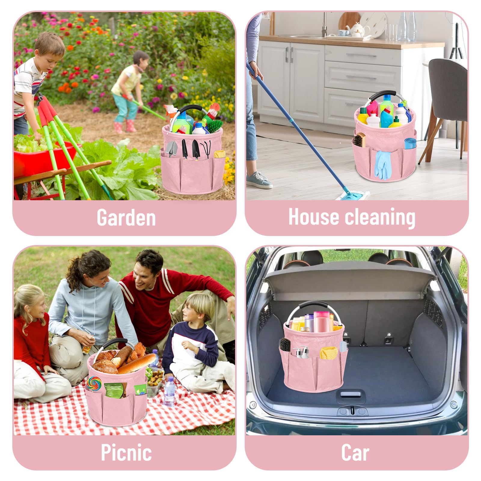 17L portable shower bucket with 6 side pockets, foldable cleaning cart with handle, multifunctional storage basket for showering and picnicking, pink - Image 4