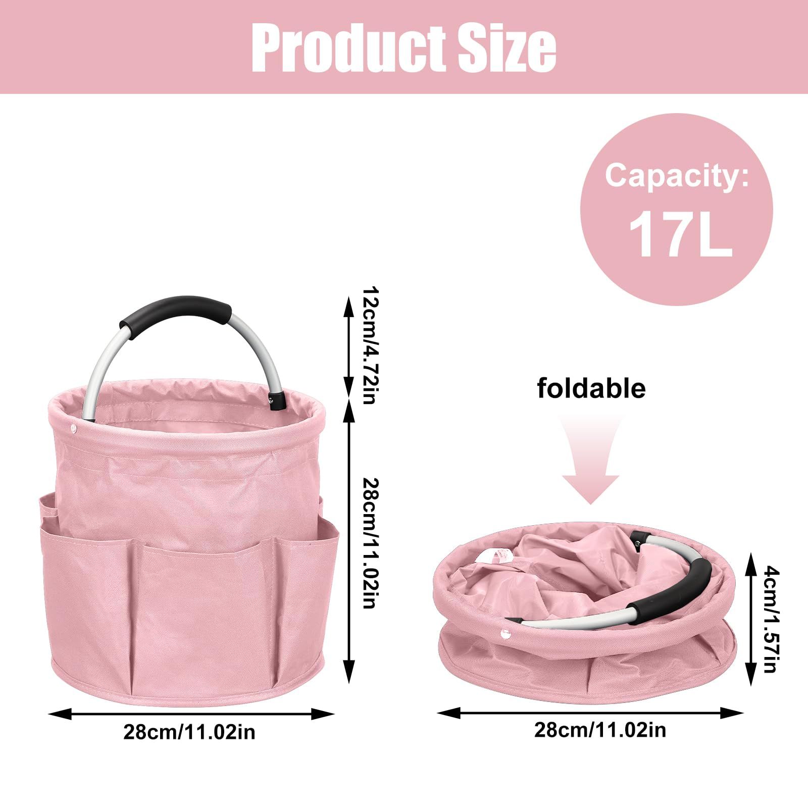 17L portable shower bucket with 6 side pockets, foldable cleaning cart with handle, multifunctional storage basket for showering and picnicking, pink - Image 5