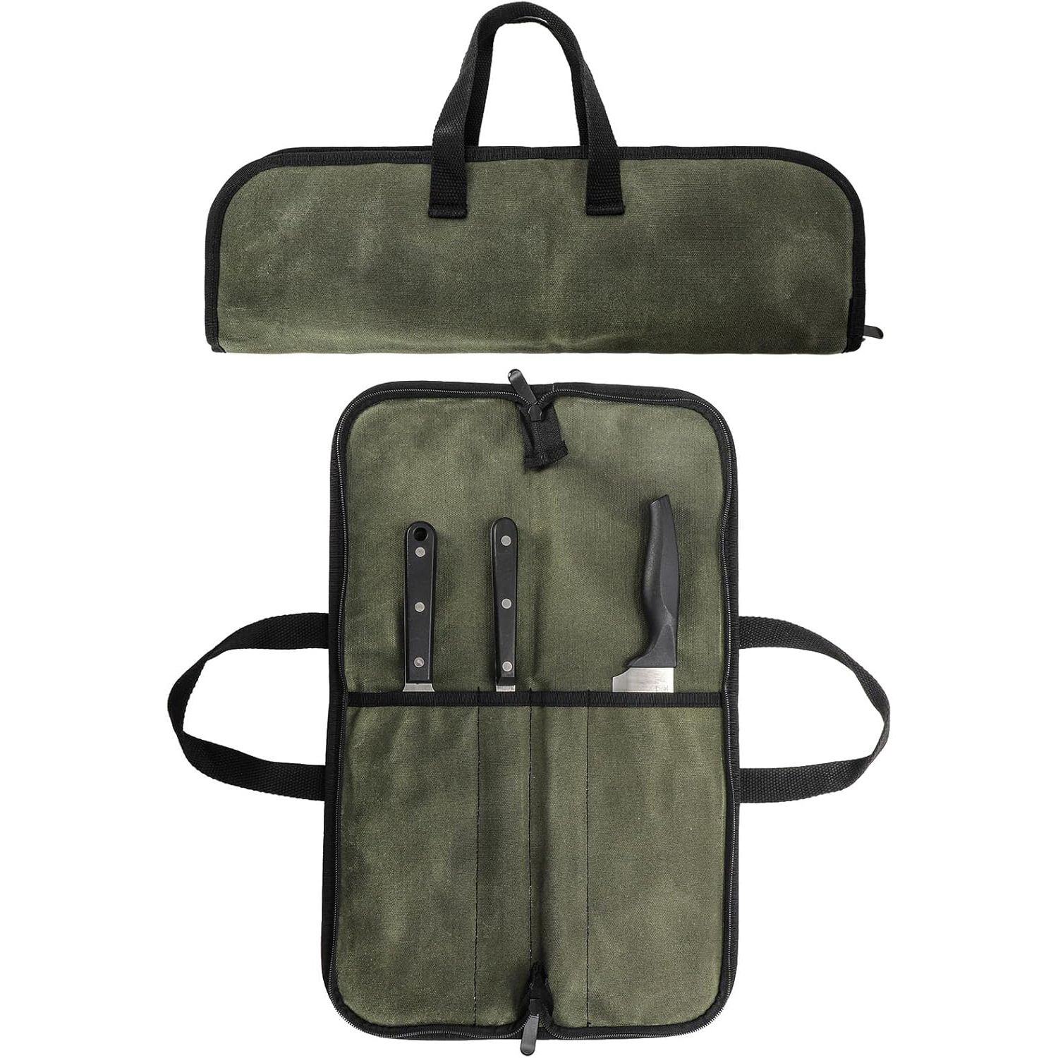 Chef Knife Roll Bag with 4 Slots, Heavy Duty Waxed Canvas Knife Bag with Handle, Kitchen Knife Storage, Portable Knife Carrying Case (Only one kitchenware storage bag) - Image 1