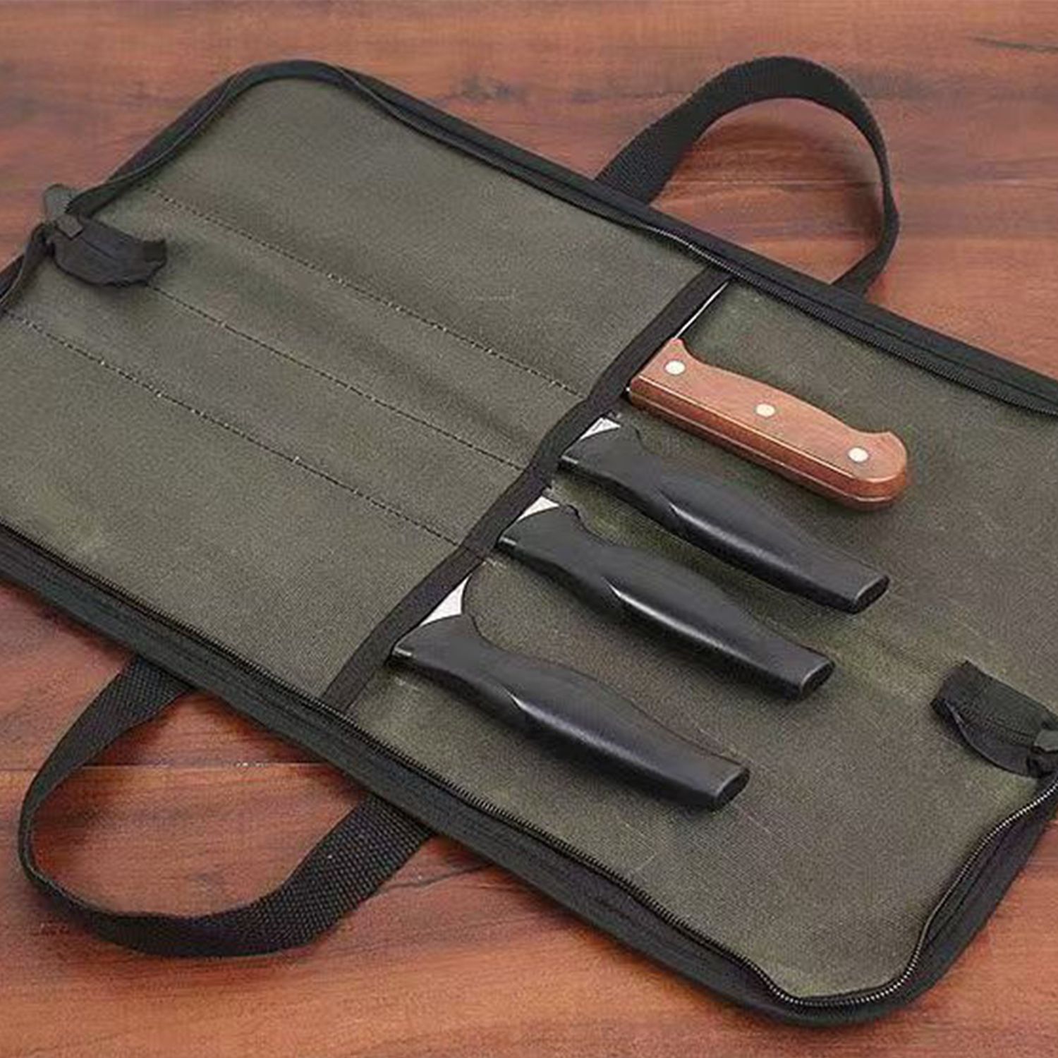 Chef Knife Roll Bag with 4 Slots, Heavy Duty Waxed Canvas Knife Bag with Handle, Kitchen Knife Storage, Portable Knife Carrying Case (Only one kitchenware storage bag) - Image 2