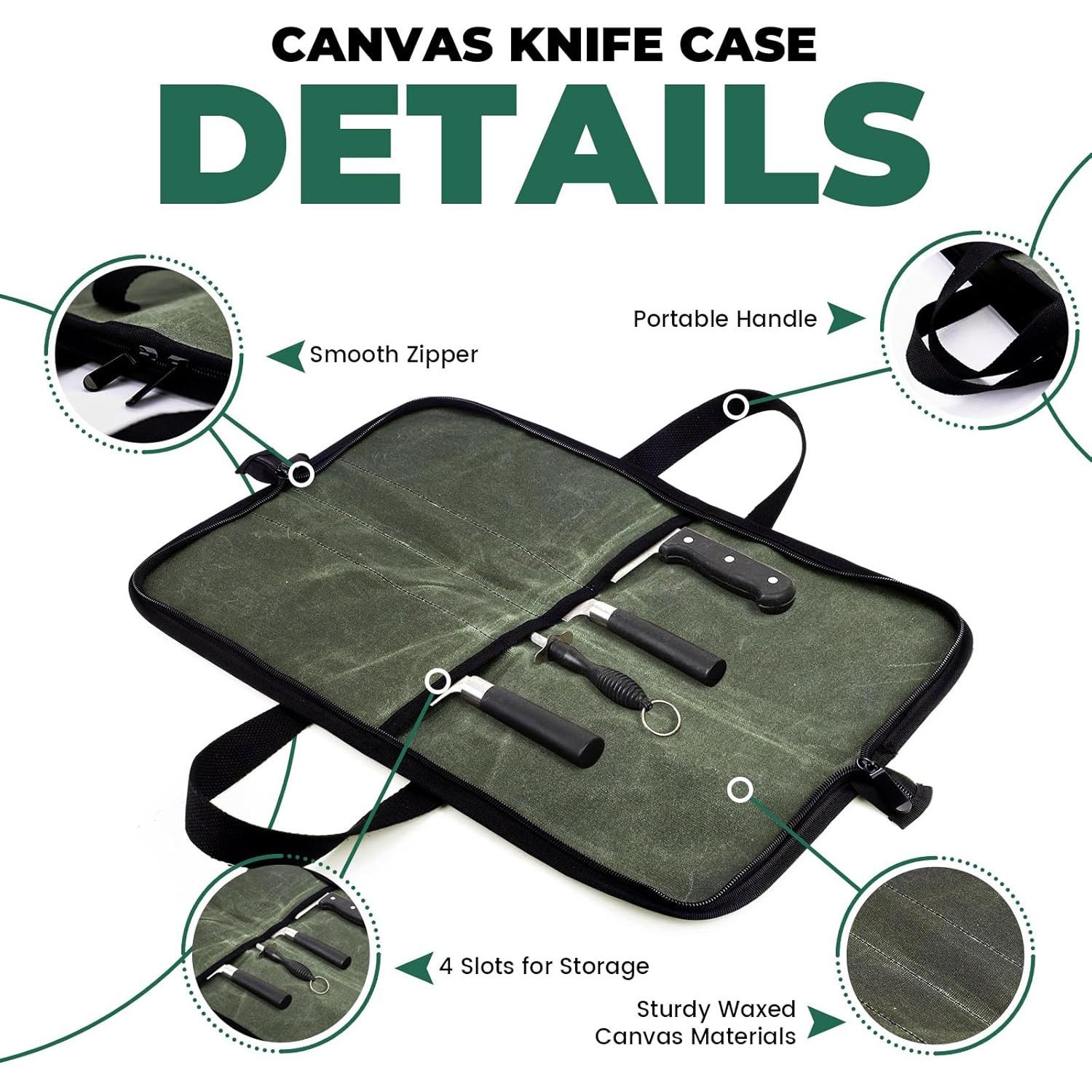 Chef Knife Roll Bag with 4 Slots, Heavy Duty Waxed Canvas Knife Bag with Handle, Kitchen Knife Storage, Portable Knife Carrying Case (Only one kitchenware storage bag) - Image 3