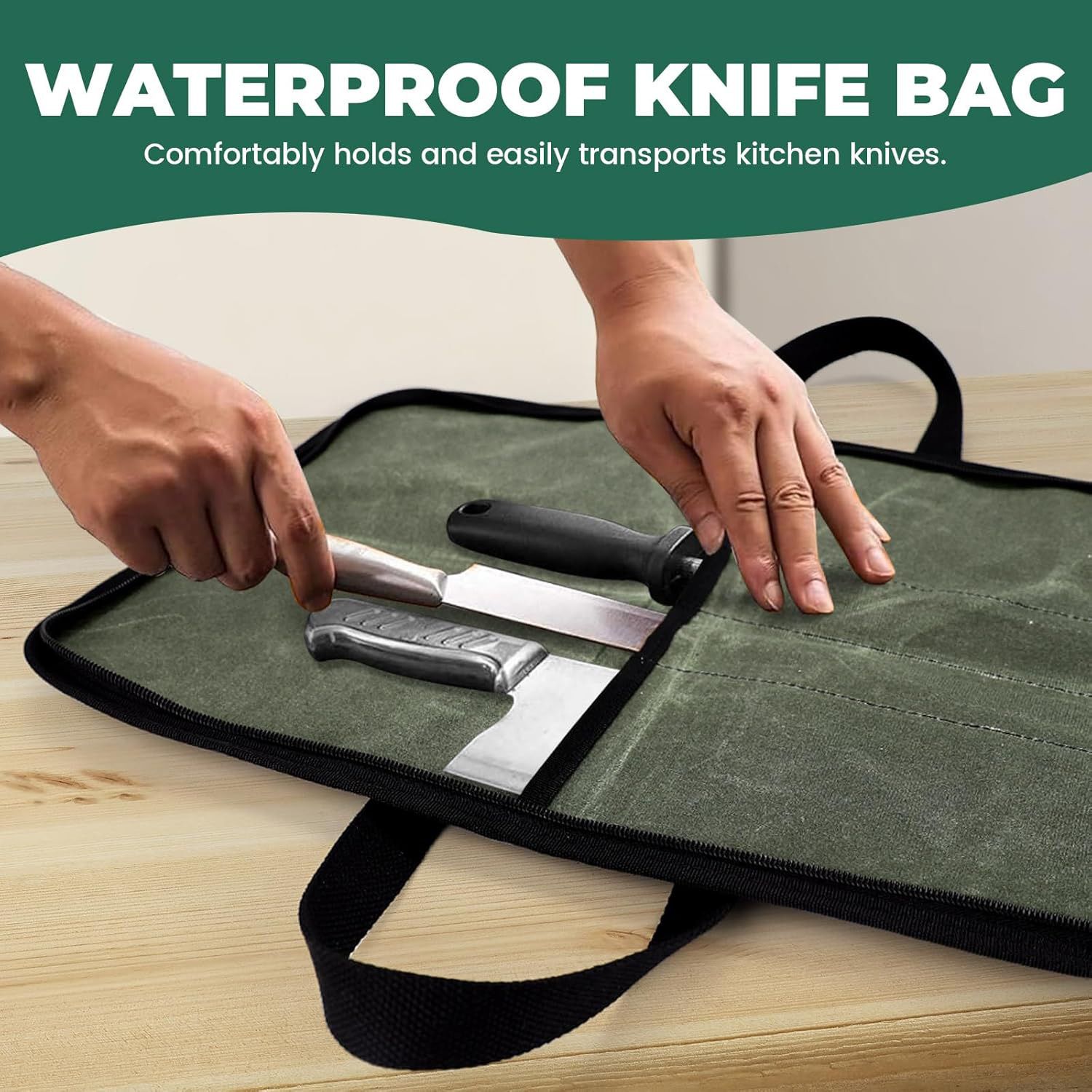 Chef Knife Roll Bag with 4 Slots, Heavy Duty Waxed Canvas Knife Bag with Handle, Kitchen Knife Storage, Portable Knife Carrying Case (Only one kitchenware storage bag) - Image 4
