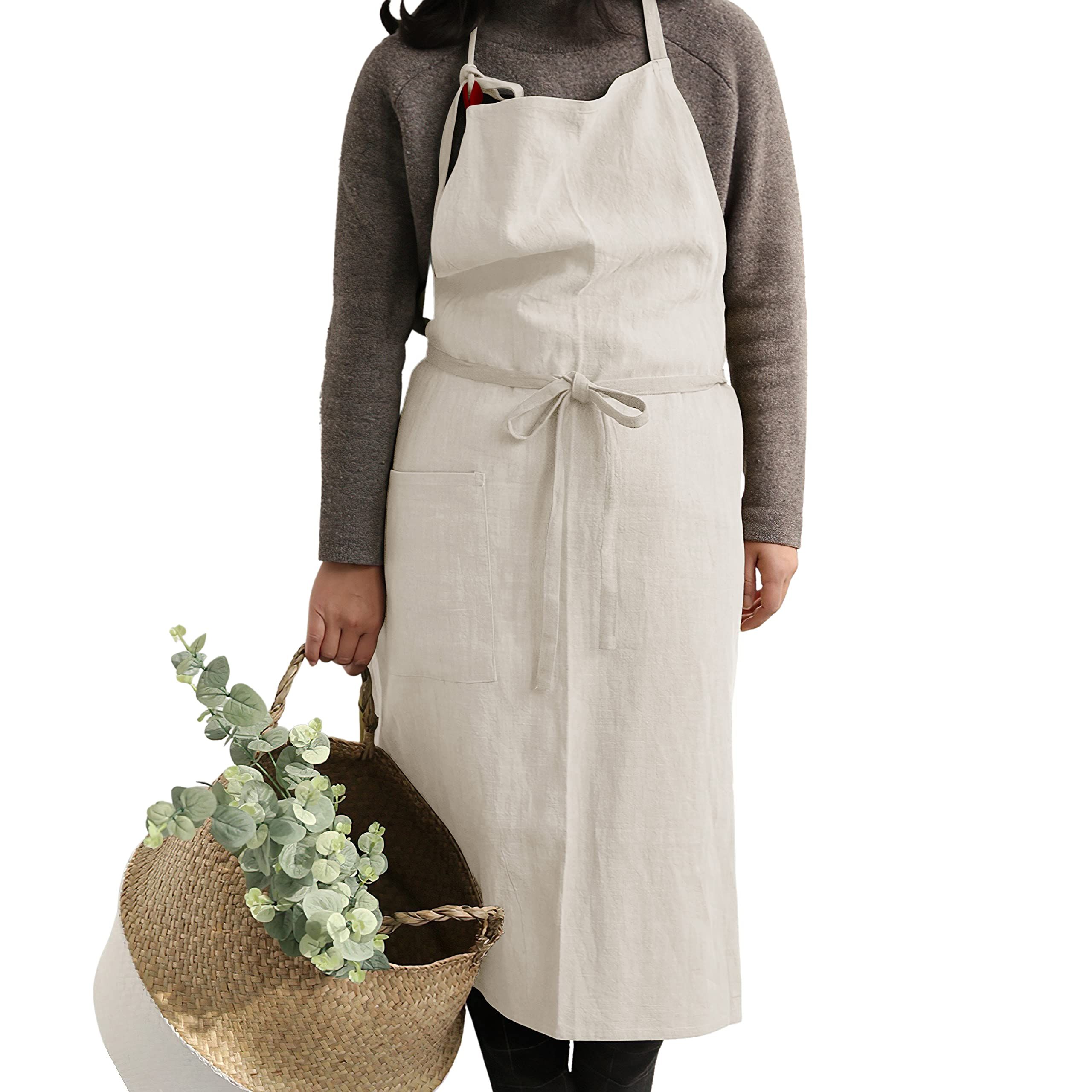 Kitchen Apron for Women & Men  Linen Cooking Aprons with pocket Cotton Long Apron X Back Kitchen Garden Florist Work Clothes Bib Dress - Image 2