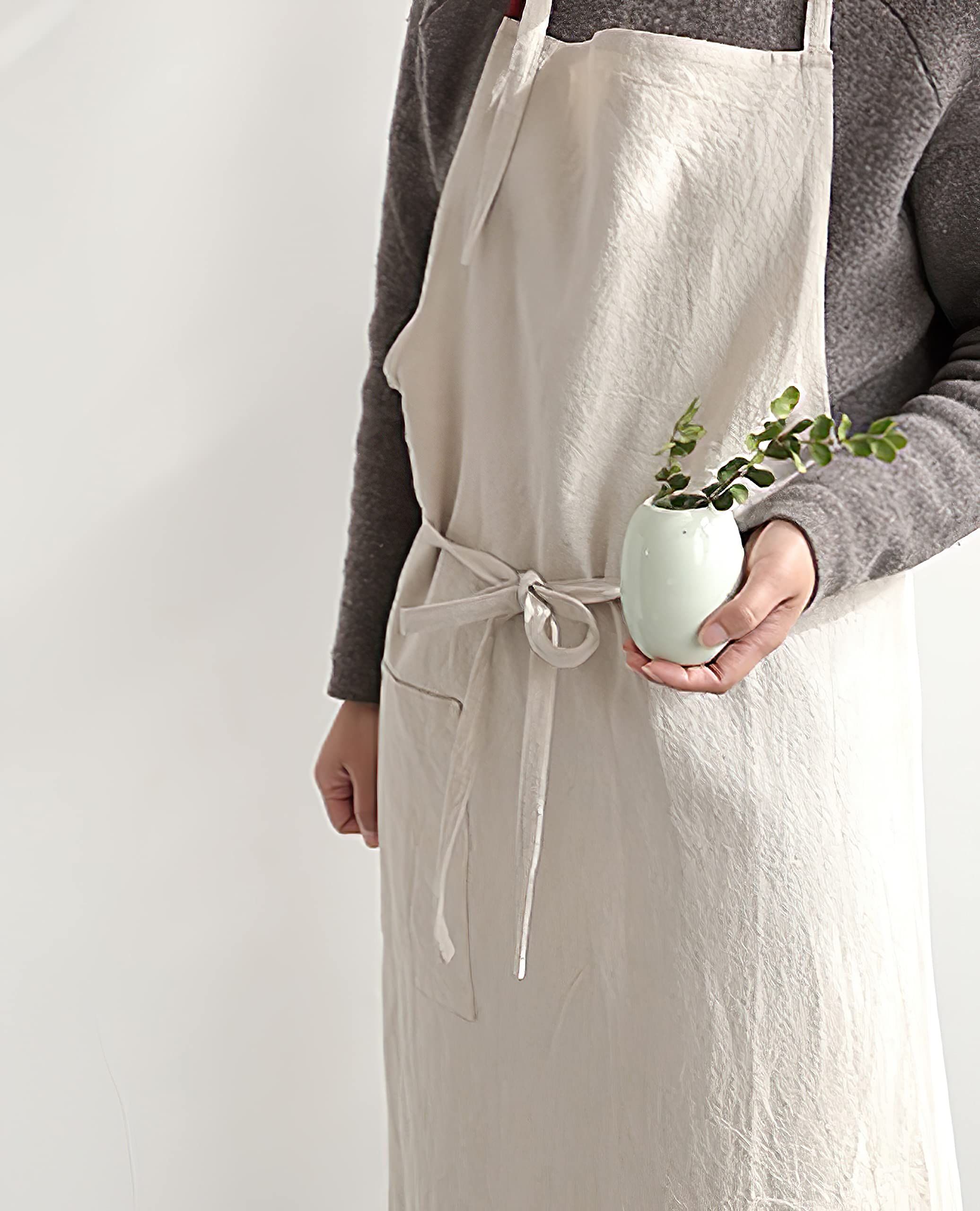 Kitchen Apron for Women & Men  Linen Cooking Aprons with pocket Cotton Long Apron X Back Kitchen Garden Florist Work Clothes Bib Dress - Image 3