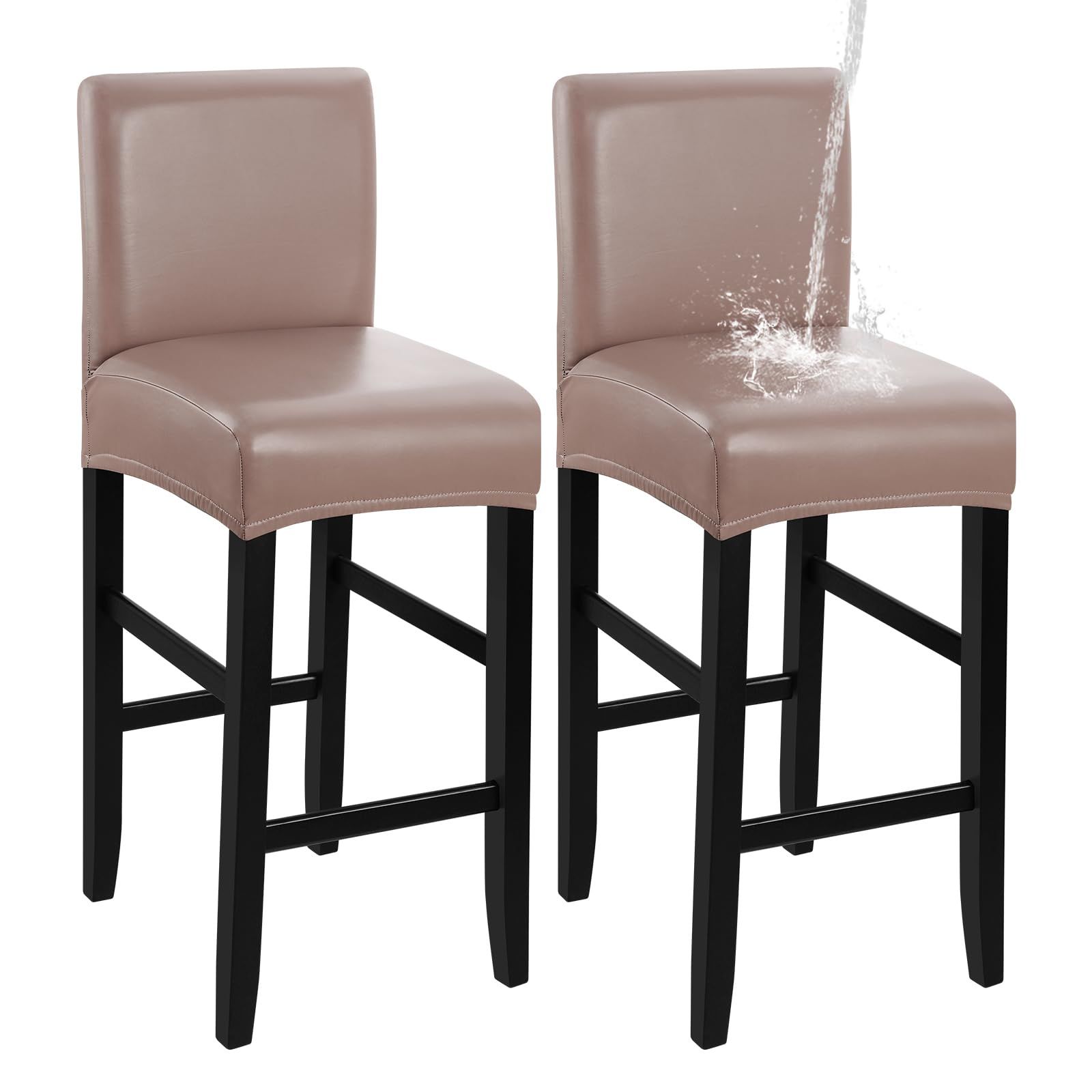 Bar Stool Covers,2 Pack Stretch Waterproof PU Bar Stool Covers with Backs Bar Stool Chair Covers Barstool Covers Slipcovers with Back Pub Counter Stool Chair Covers Coffee - Image 1