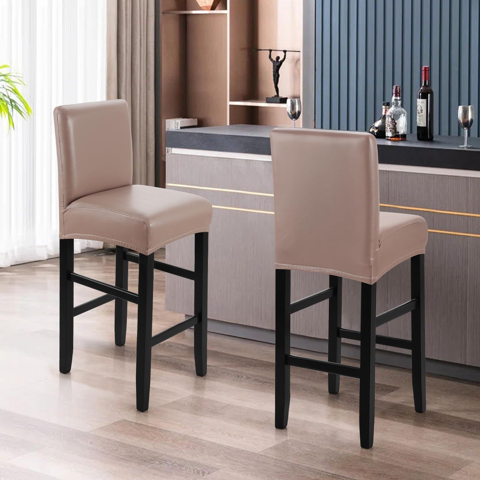 Bar Stool Covers,2 Pack Stretch Waterproof PU Bar Stool Covers with Backs Bar Stool Chair Covers Barstool Covers Slipcovers with Back Pub Counter Stool Chair Covers Coffee - Image 5