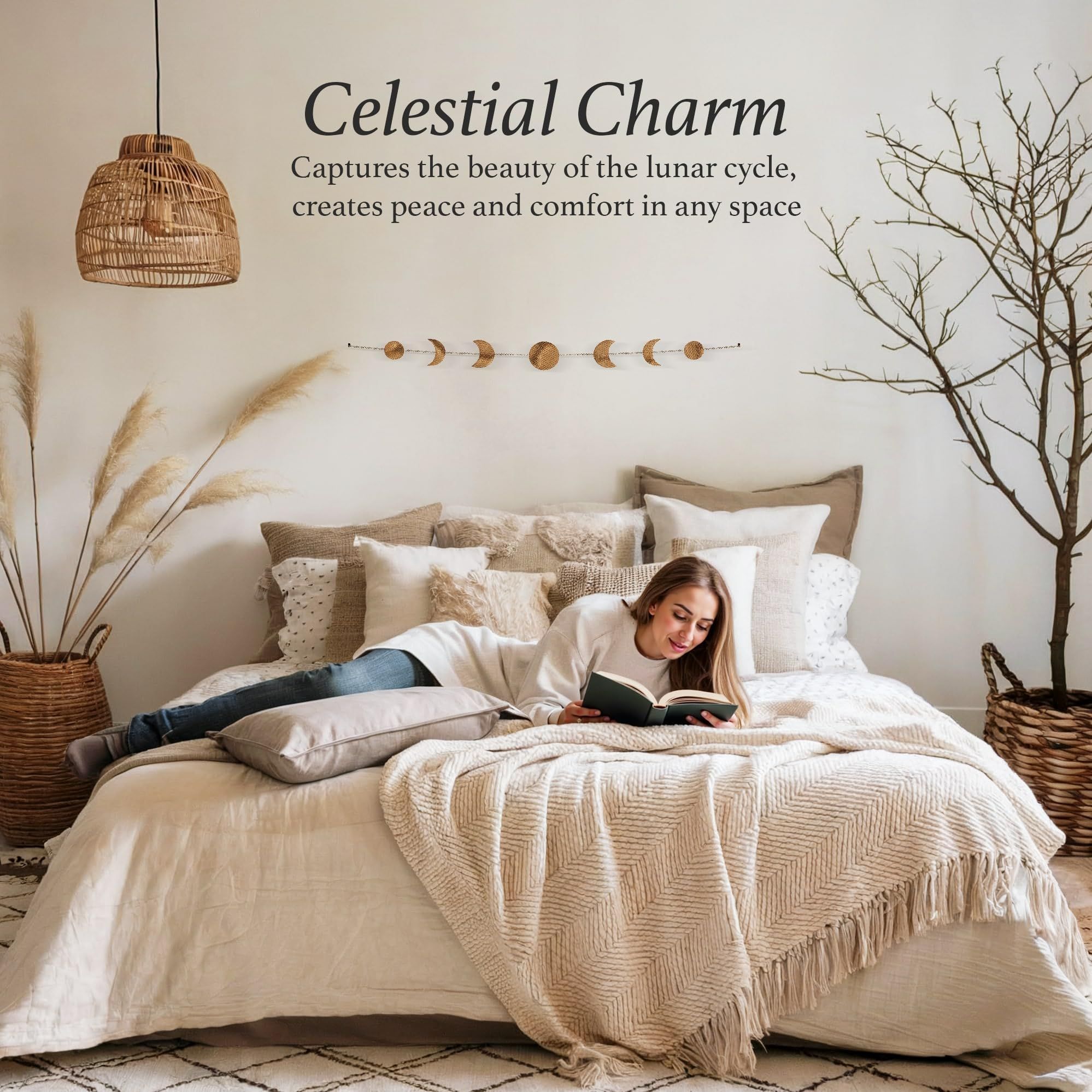 2pcs Moon Phase Wall Decor, Gold Wall Art for Bedroom, Bohemian and Astrology, Aesthetic 34.6