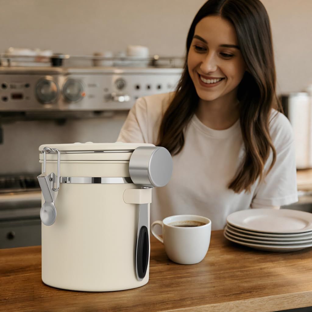 Coffee Canister Airtight Coffee Container Stainless Steel Coffee Bean Storage Container with Scoop Coffee Canister for Beans Grounds Sugar Flour Tea Cereal,1.8L ,Beige - Image 3