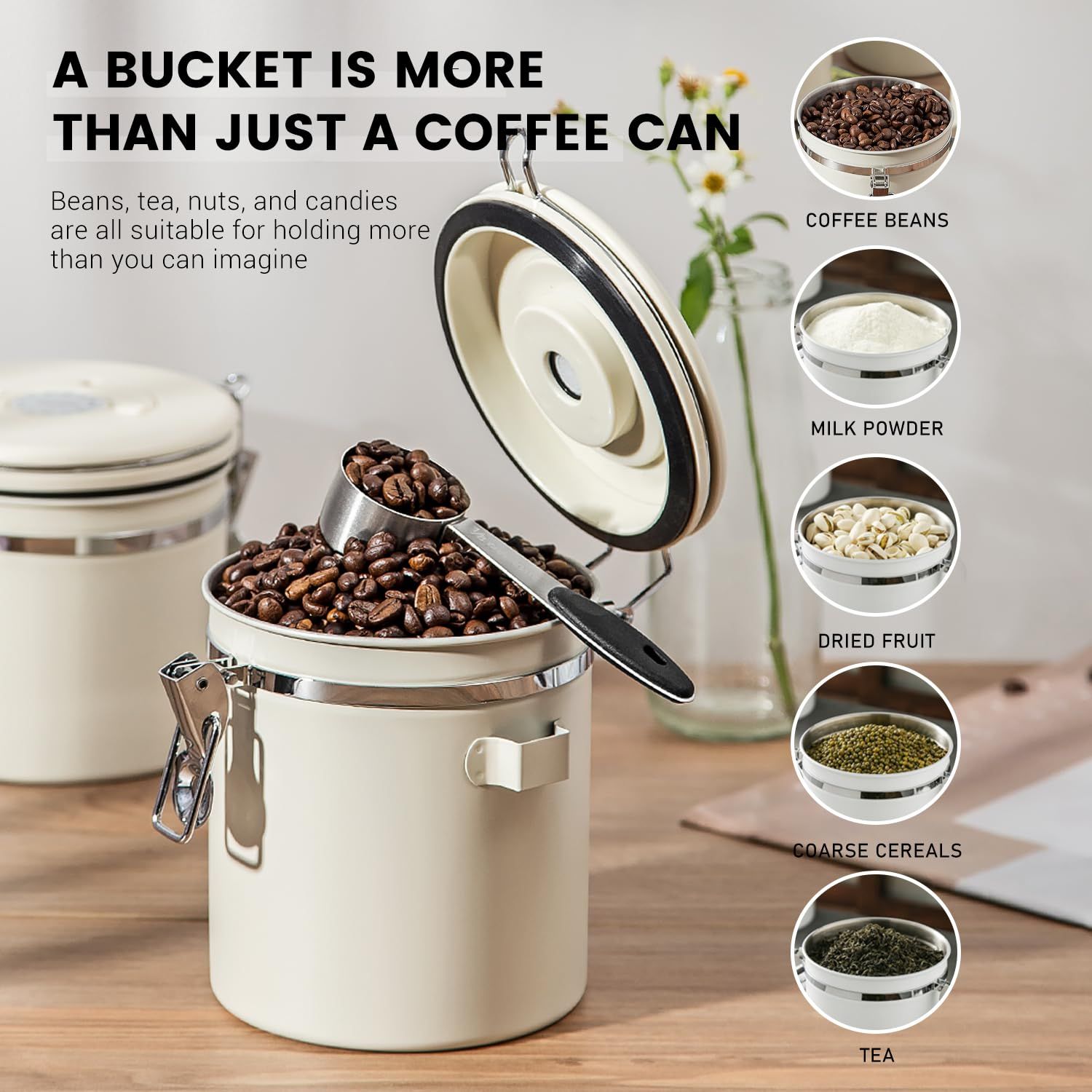 Coffee Canister Airtight Coffee Container Stainless Steel Coffee Bean Storage Container with Scoop Coffee Canister for Beans Grounds Sugar Flour Tea Cereal,1.8L ,Beige - Image 5