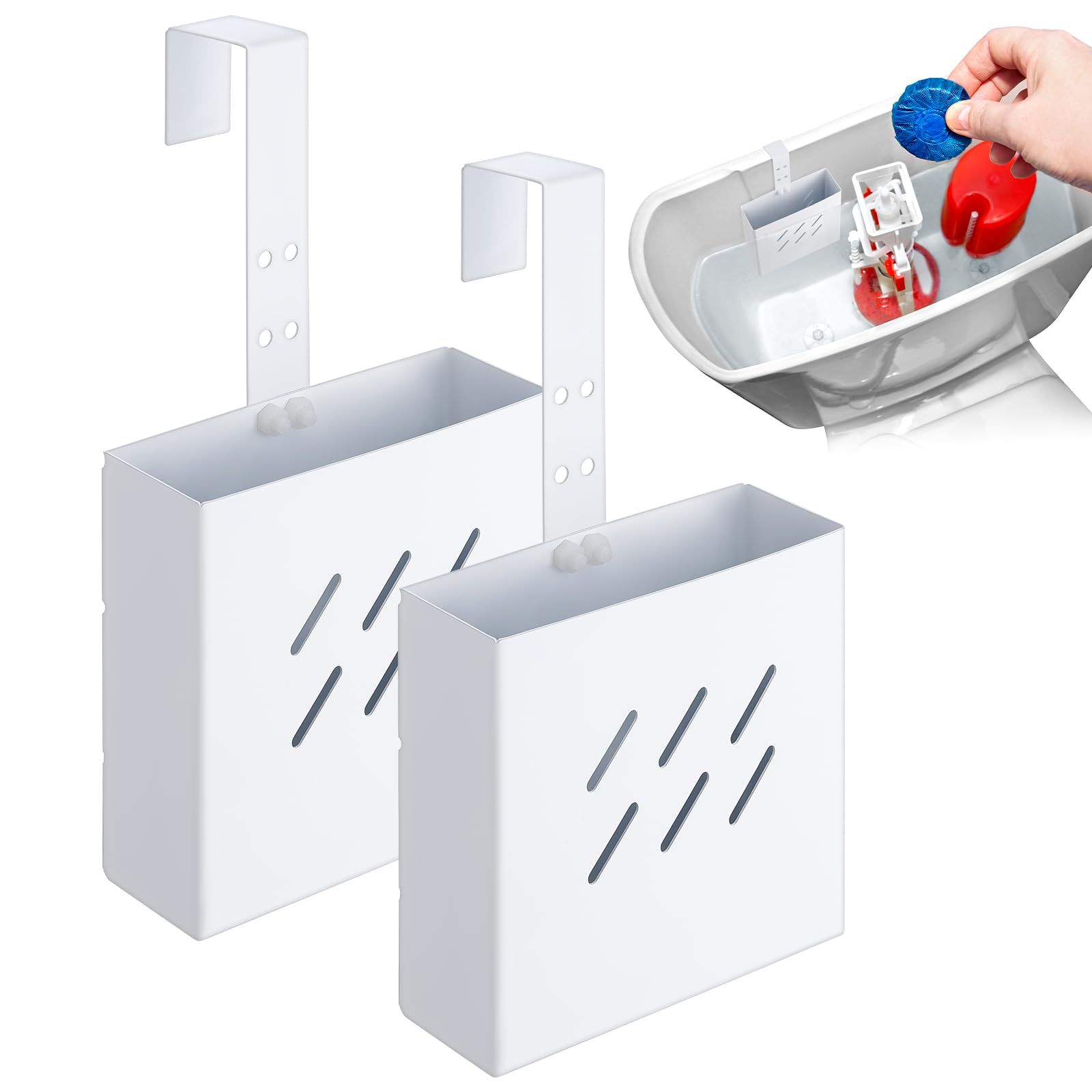 2 Pcs Large Size 4. 33 x 4. 33 x 1. 38 Inch Stainless Steel Toilet Tank Cleaning Tablet Holder with Adjustable Hook to Hang Toilet Cleaner Box - Image 1