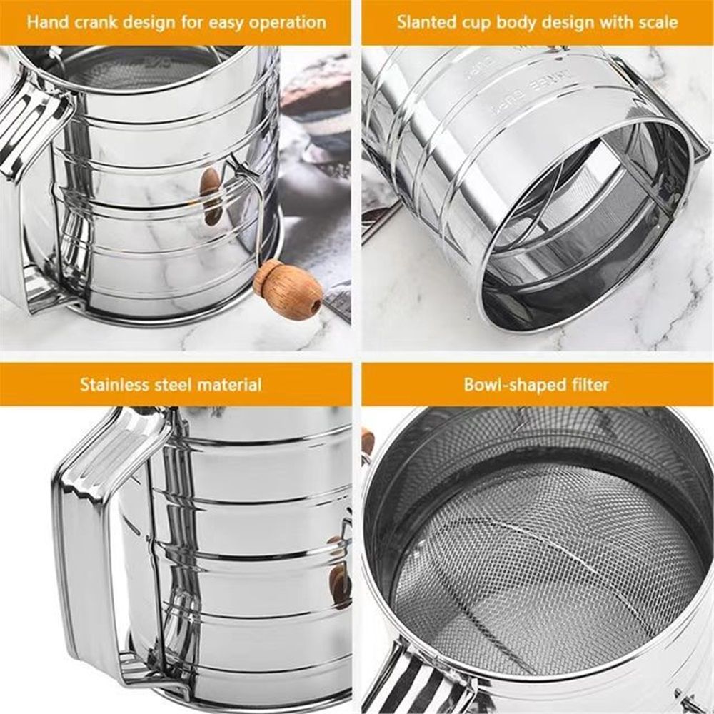Flour Sifter for Baking Fine Mesh Rotary Hand Crank with Loop Agitator for Quick Sifting, Flour Sifter Stainlees Steel - Image 4