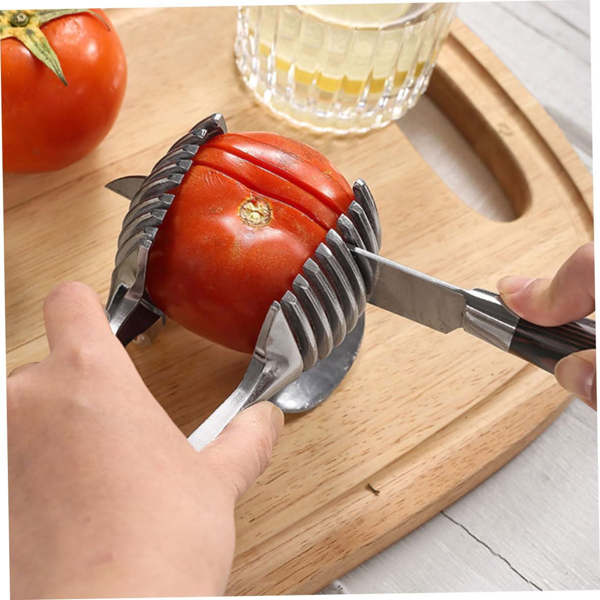 Tomato Lemon Slicer Holder Round Fruits Onion Shreader Cutter Guide Tongs with Handle Kitchen Cutting Potato Lime Food Stand Aluminum alloy - Image 2