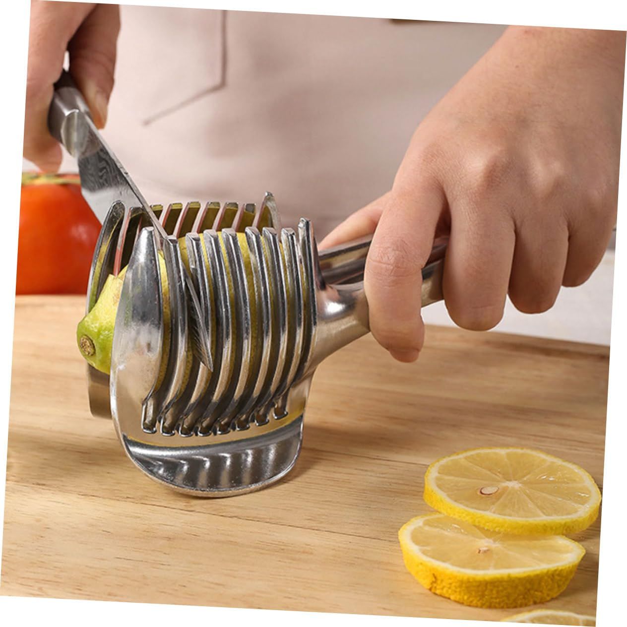 Tomato Lemon Slicer Holder Round Fruits Onion Shreader Cutter Guide Tongs with Handle Kitchen Cutting Potato Lime Food Stand Aluminum alloy - Image 3