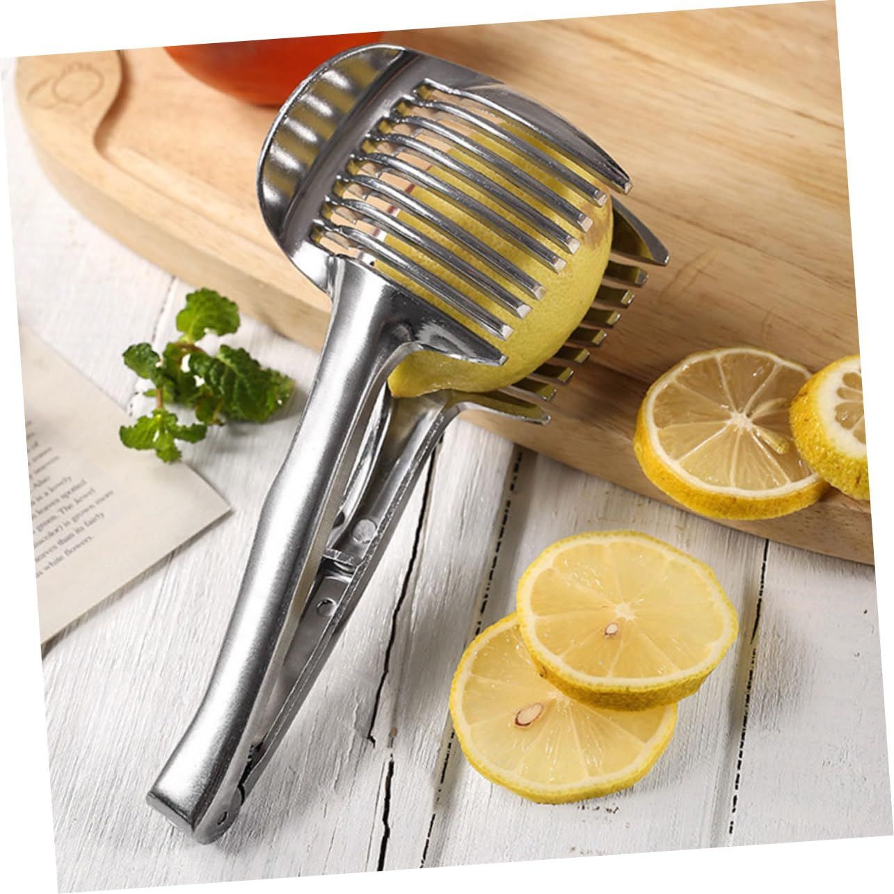 Tomato Lemon Slicer Holder Round Fruits Onion Shreader Cutter Guide Tongs with Handle Kitchen Cutting Potato Lime Food Stand Aluminum alloy - Image 4