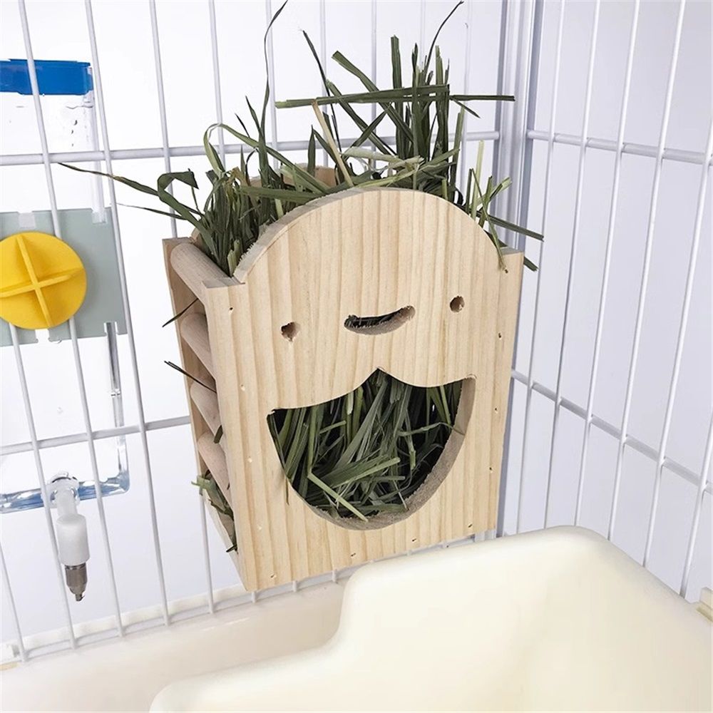 Rabbit Hay Feeder Rack Wood Grass Holder Less Wasted Hay Box Food Feeding Manger Hanging Hay Dispenser for Bunny Chinchilla Guinea Pigs Small Animals（Smiling Grass Frame） - Image 2