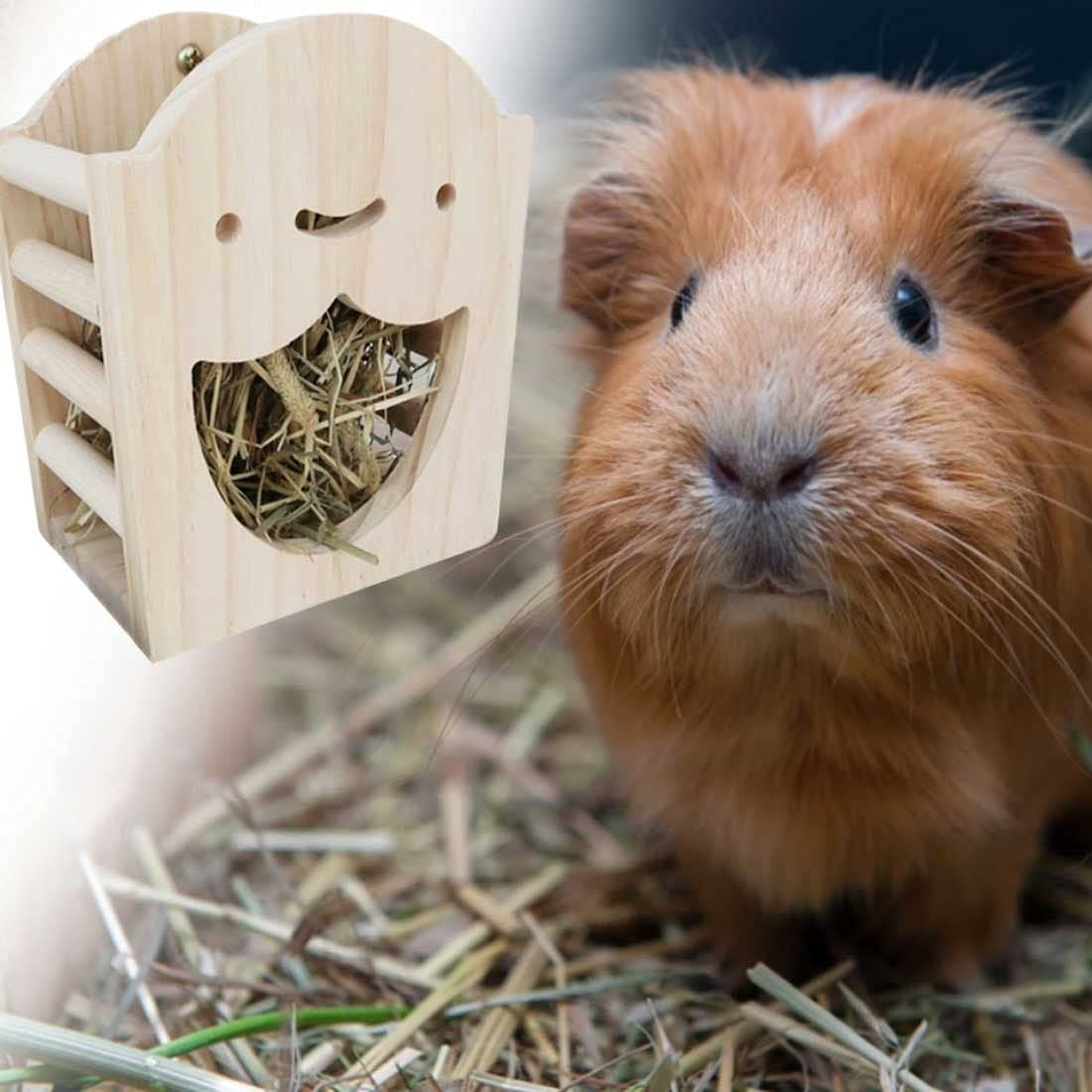 Rabbit Hay Feeder Rack Wood Grass Holder Less Wasted Hay Box Food Feeding Manger Hanging Hay Dispenser for Bunny Chinchilla Guinea Pigs Small Animals（Smiling Grass Frame） - Image 3