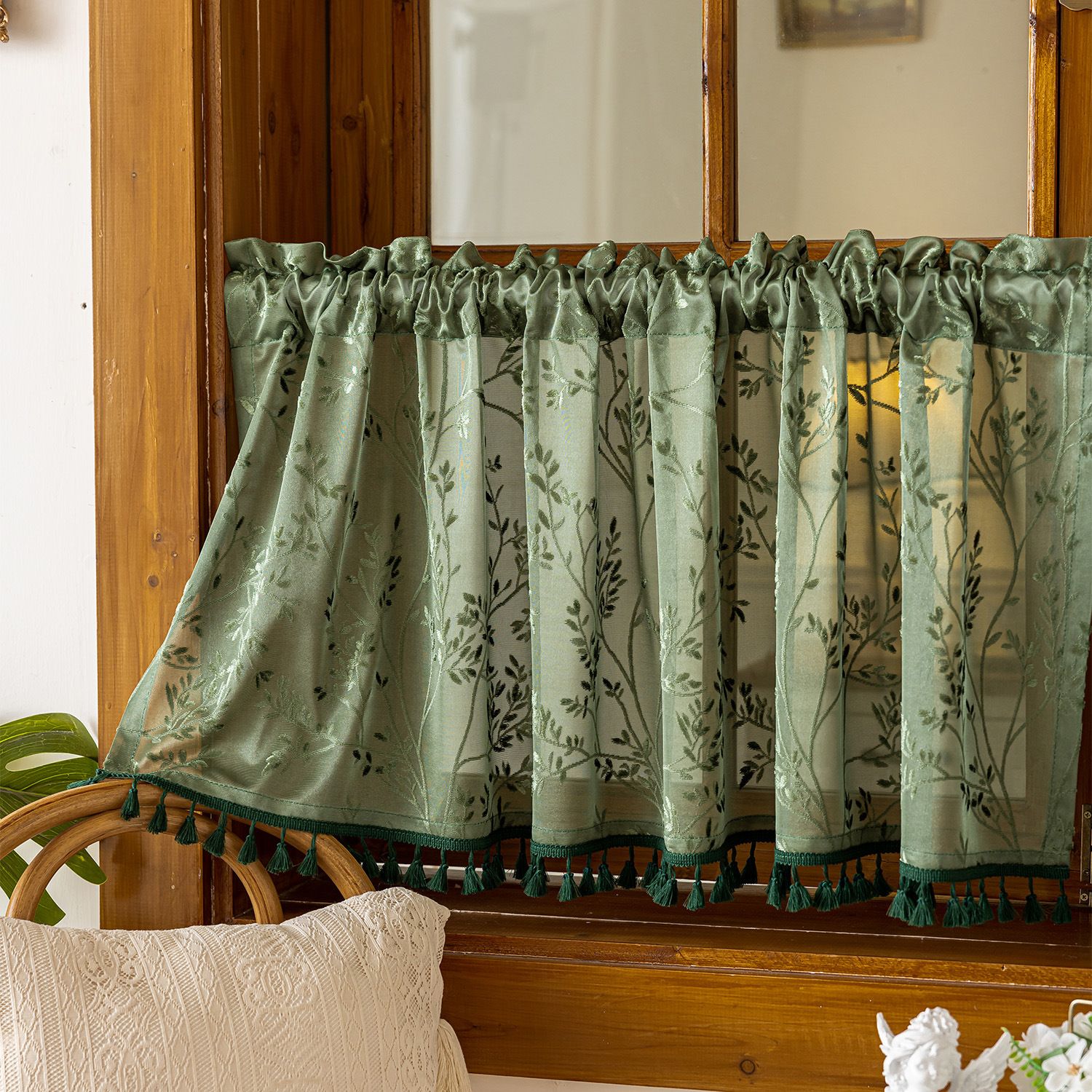 Bohemian short curtains with tassels, Bohemian linen translucent retro countryside Christmas curtains, (dark green 100 * 60cm) - Image 1