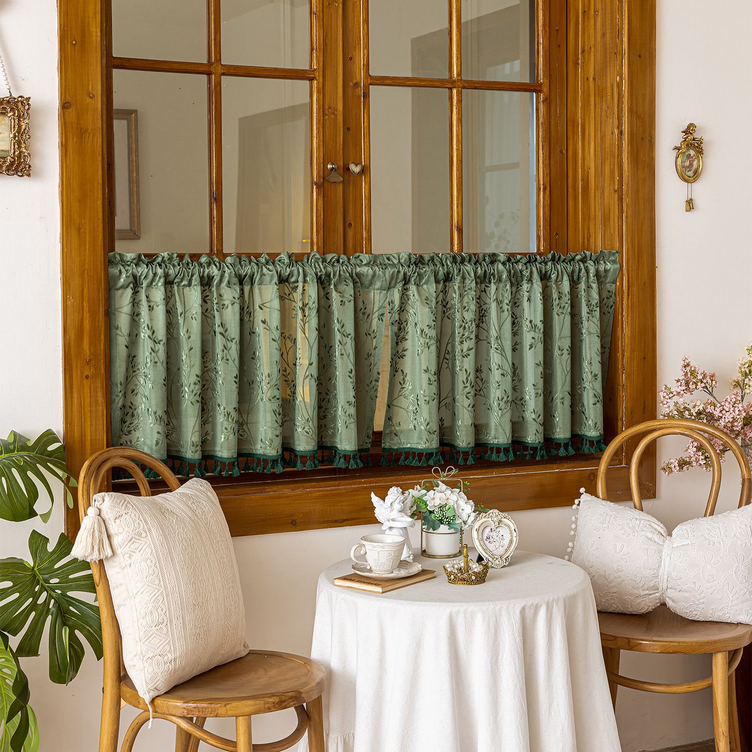 Bohemian short curtains with tassels, Bohemian linen translucent retro countryside Christmas curtains, (dark green 100 * 60cm) - Image 2