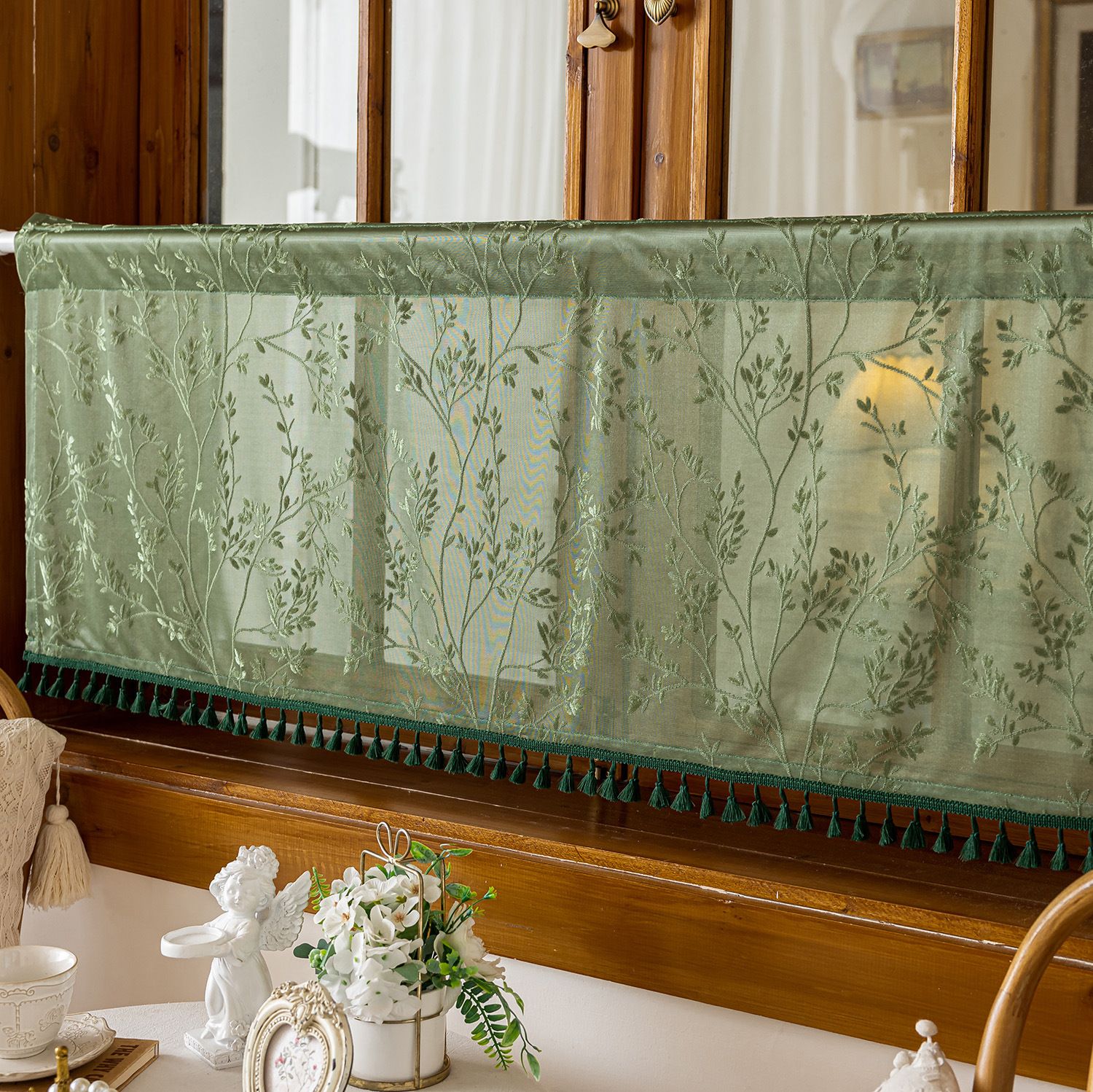 Bohemian short curtains with tassels, Bohemian linen translucent retro countryside Christmas curtains, (dark green 100 * 60cm) - Image 3