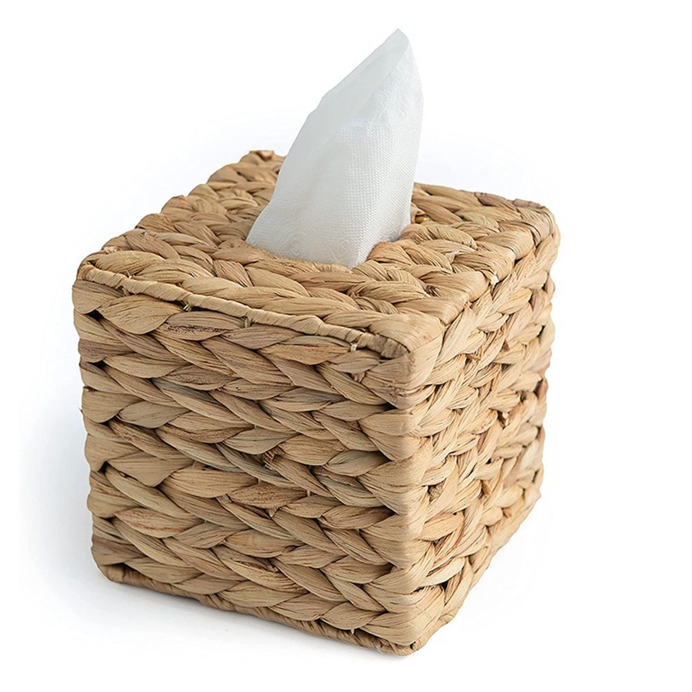 Water hyacinth grass Tissue Box Cover, Rustic Decorative Wicker Water Hyacinth Tissue Box Cover Square for Desk Home spa Office (14.5*14.5*15cm) - Image 1