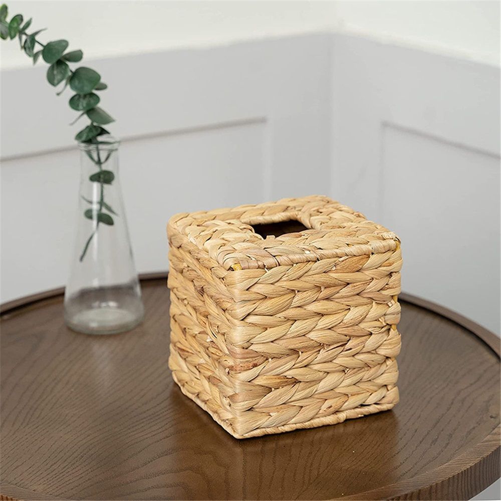 Water hyacinth grass Tissue Box Cover, Rustic Decorative Wicker Water Hyacinth Tissue Box Cover Square for Desk Home spa Office (14.5*14.5*15cm) - Image 2