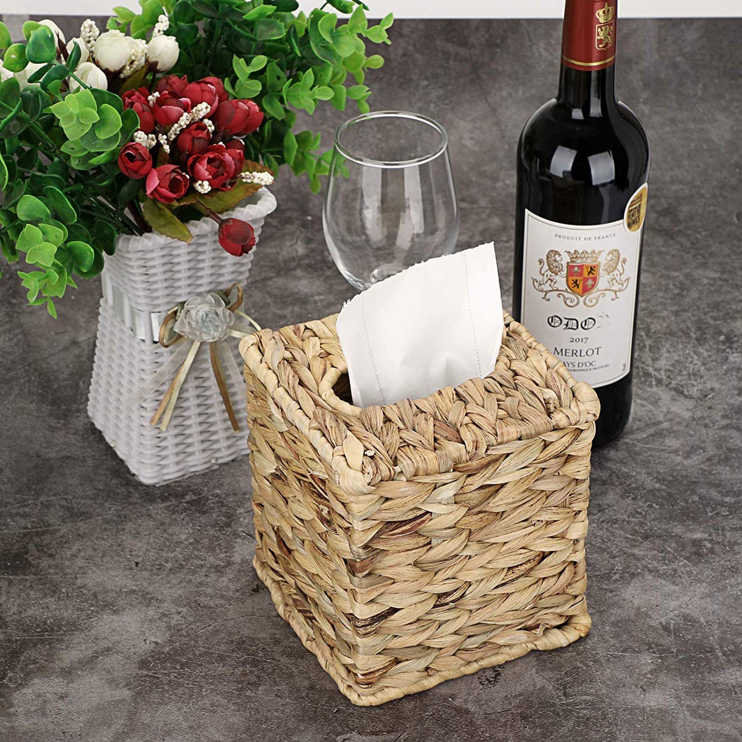 Water hyacinth grass Tissue Box Cover, Rustic Decorative Wicker Water Hyacinth Tissue Box Cover Square for Desk Home spa Office (14.5*14.5*15cm) - Image 4