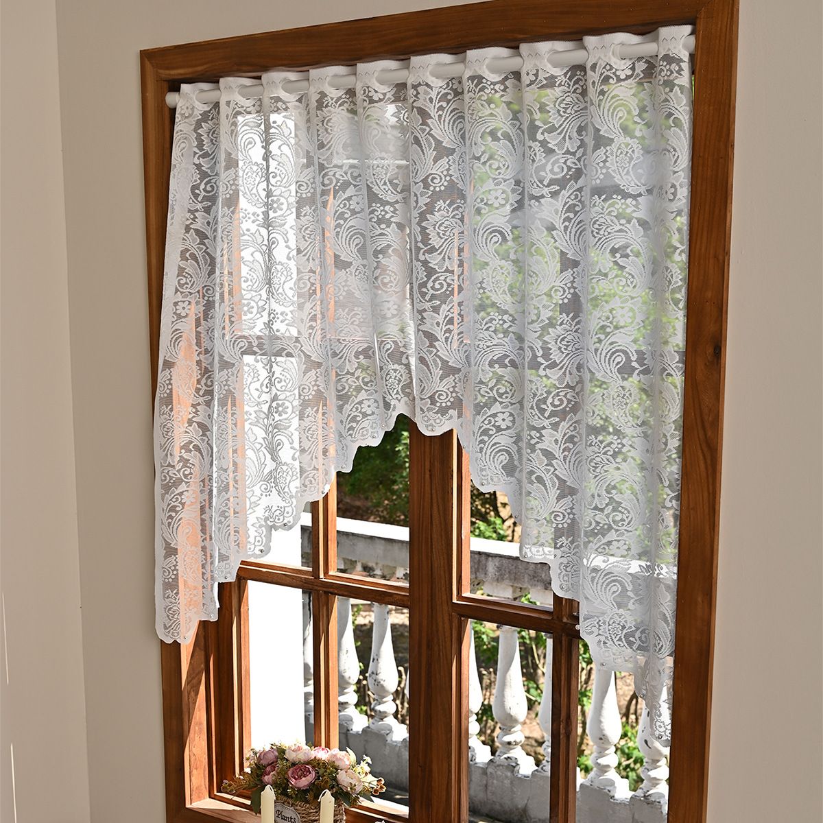White Lace Sheer Kitchen Valance Curtains for Windows, 160*100cm, Phoenix Tail Flower Pearl Half Curtain - Image 1