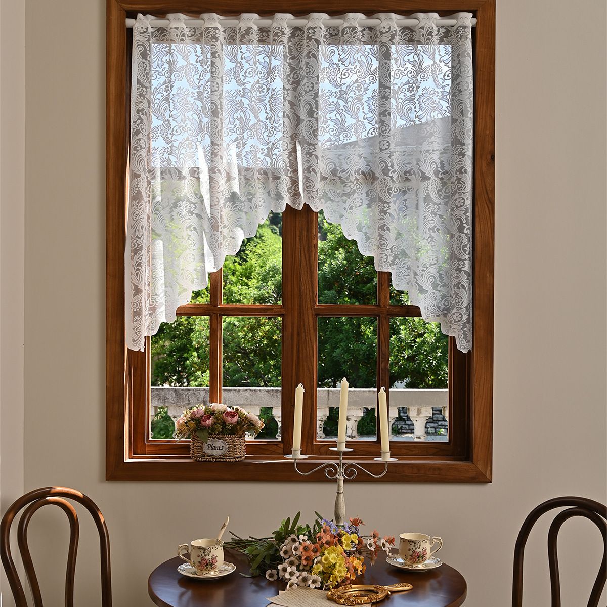 White Lace Sheer Kitchen Valance Curtains for Windows, 160*100cm, Phoenix Tail Flower Pearl Half Curtain - Image 2