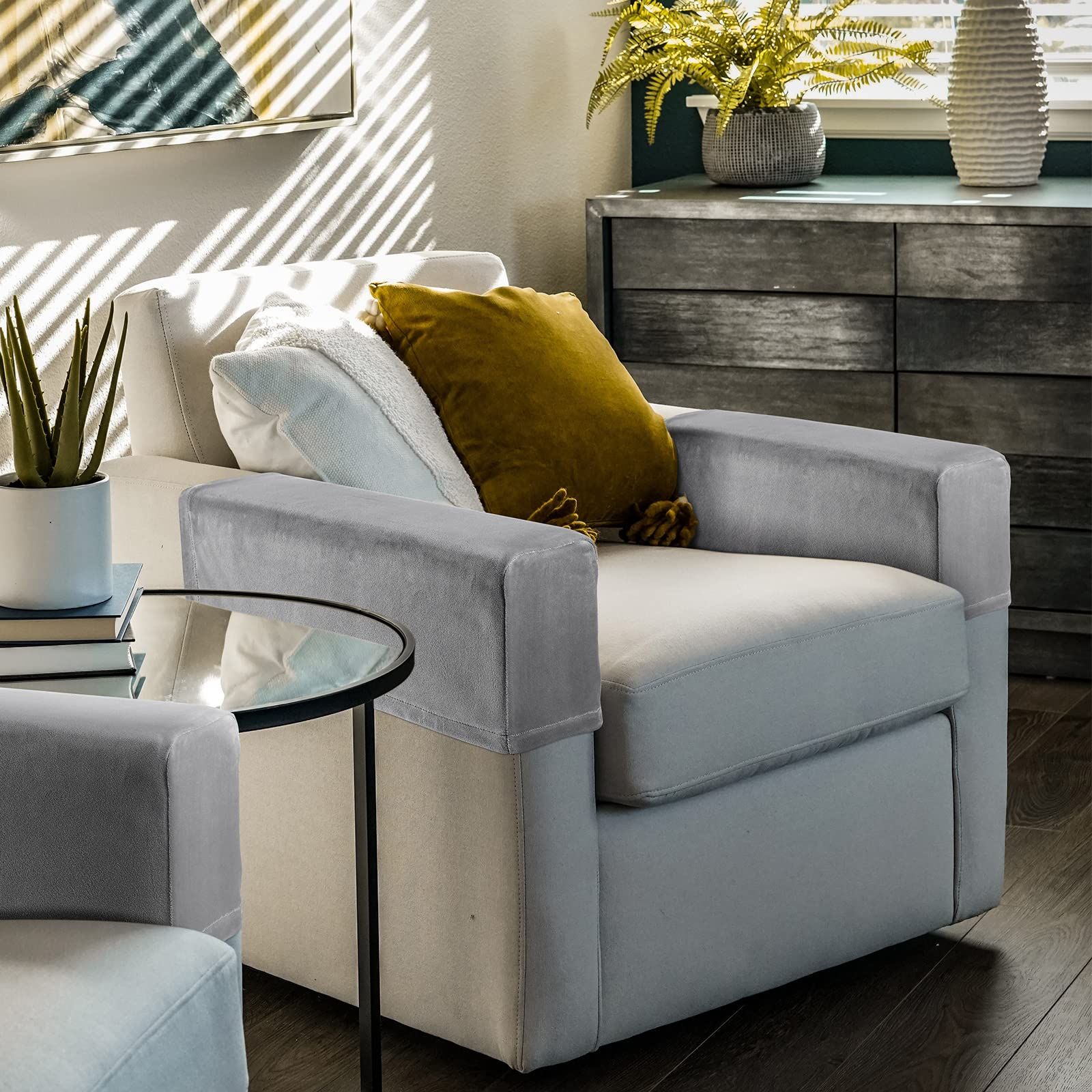 2Pcs Light Grey Armrest Covers, Washable Stretch Couch Arm Covers Couch Sofa Armchair Slipcovers for Chairs Sofa Furniture Protector Recliner Sofa - Image 3