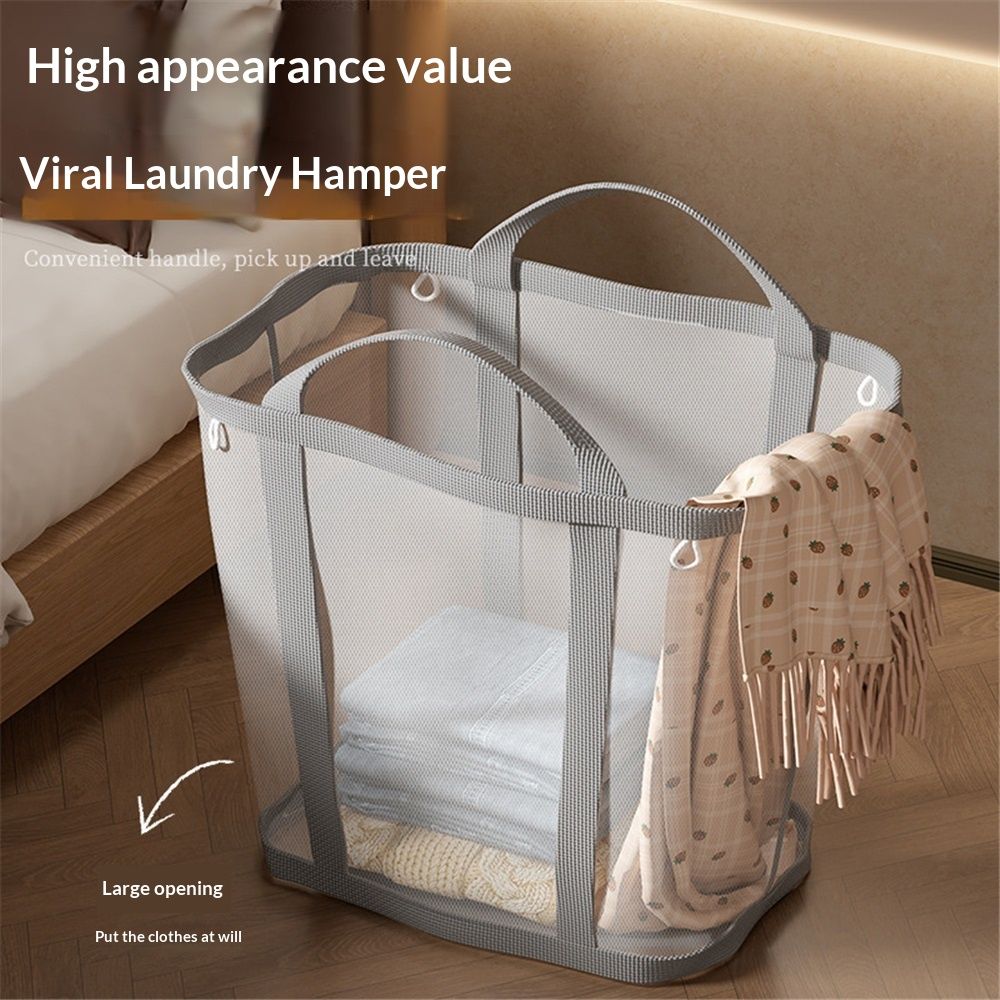 Mesh Bag with Handles, Collapsible Laundry Basket, Foldable Laundry Bag, Breathable Folding Beach Bag,Space-saving Travel Tote Bags (1, Grey) - Image 2