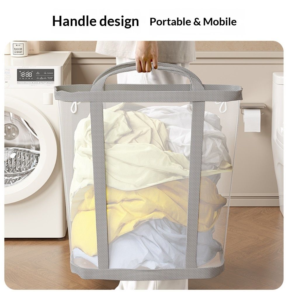 Mesh Bag with Handles, Collapsible Laundry Basket, Foldable Laundry Bag, Breathable Folding Beach Bag,Space-saving Travel Tote Bags (1, Grey) - Image 3