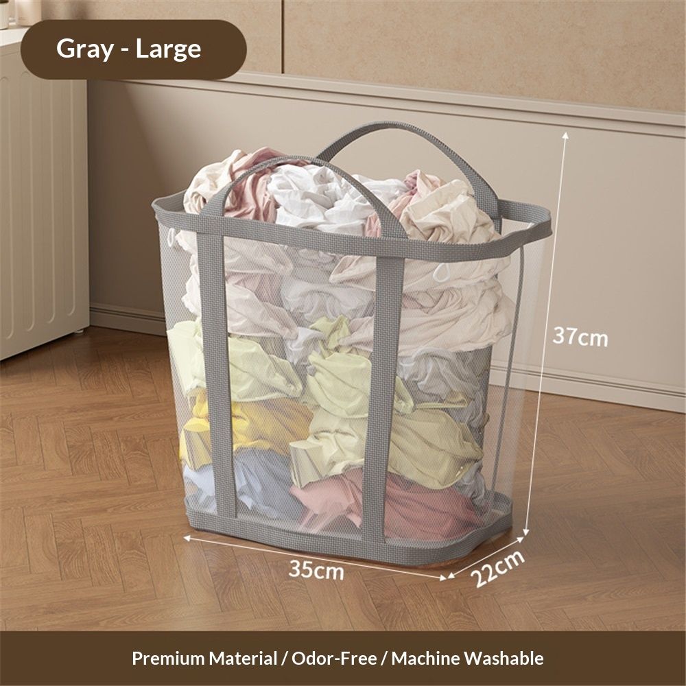 Mesh Bag with Handles, Collapsible Laundry Basket, Foldable Laundry Bag, Breathable Folding Beach Bag,Space-saving Travel Tote Bags (1, Grey) - Image 5