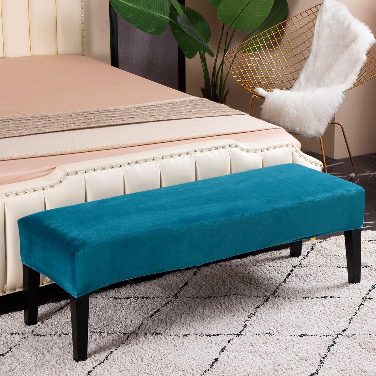 Dining Room Bench Covers,Soft Stretch Thick  Bench Slipcover, Removable Washable Bench Cushion Slipcovers for Living Room, Bedroom, Kitchen(Peacock Blue) - Image 2