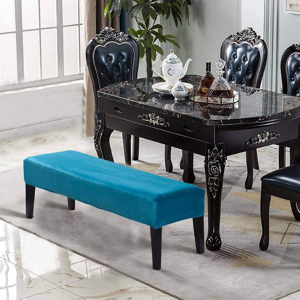 Dining Room Bench Covers,Soft Stretch Thick  Bench Slipcover, Removable Washable Bench Cushion Slipcovers for Living Room, Bedroom, Kitchen(Peacock Blue) - Image 4