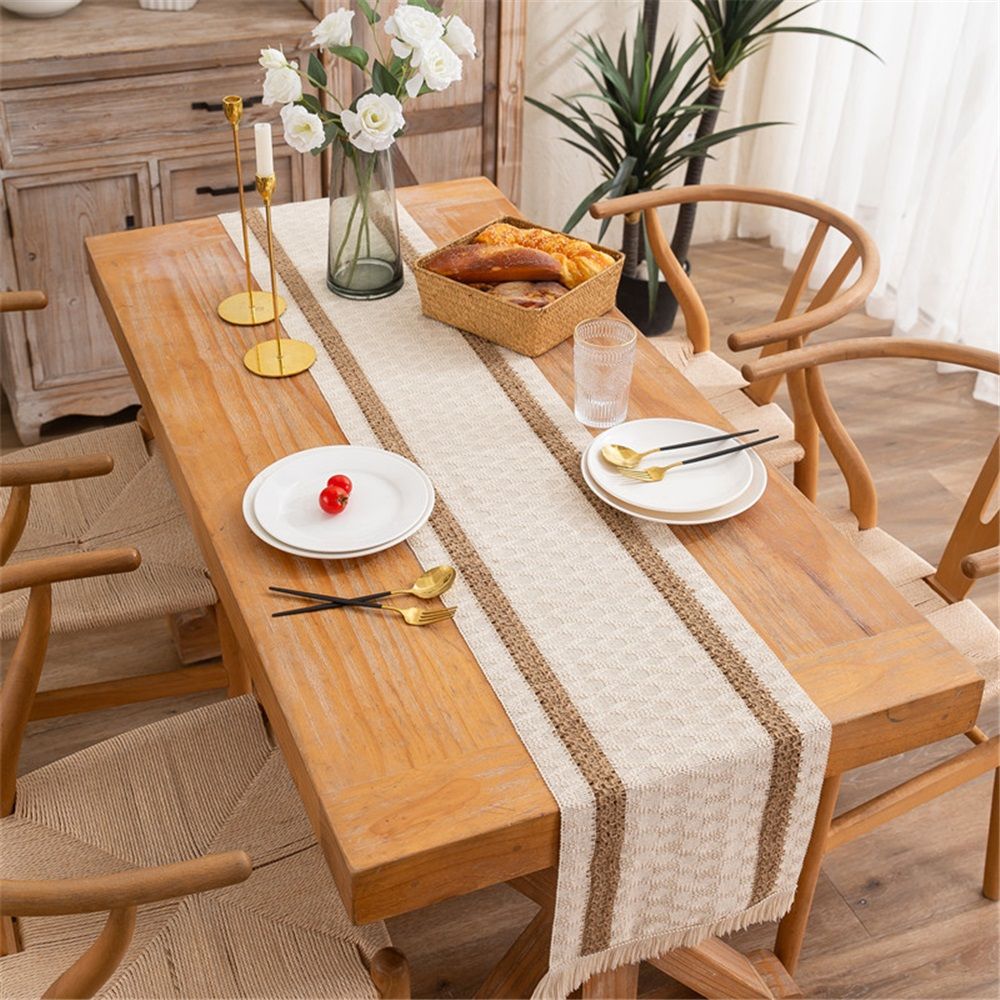 Boho  Table Runner, Farmhouse Style Cotton Linen Rustic Woven Table Runner with Tassels for Dining, Wedding, Bridal Shower, Bohemian (30*140cm ) - Image 2