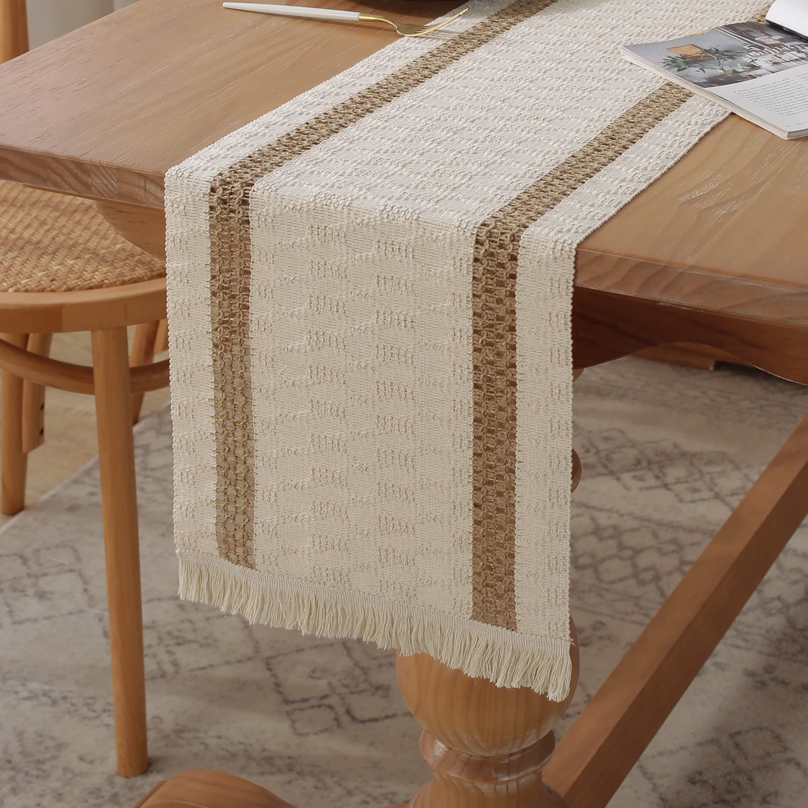 Boho  Table Runner, Farmhouse Style Cotton Linen Rustic Woven Table Runner with Tassels for Dining, Wedding, Bridal Shower, Bohemian (30*140cm ) - Image 3