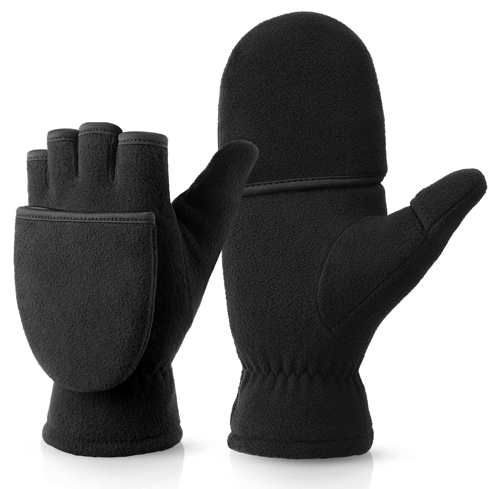 Half finger flip gloves Thermal Winter Gloves: Windproof 2 in 1 Convertible Mittens for Men & Women (Black S) - Image 1