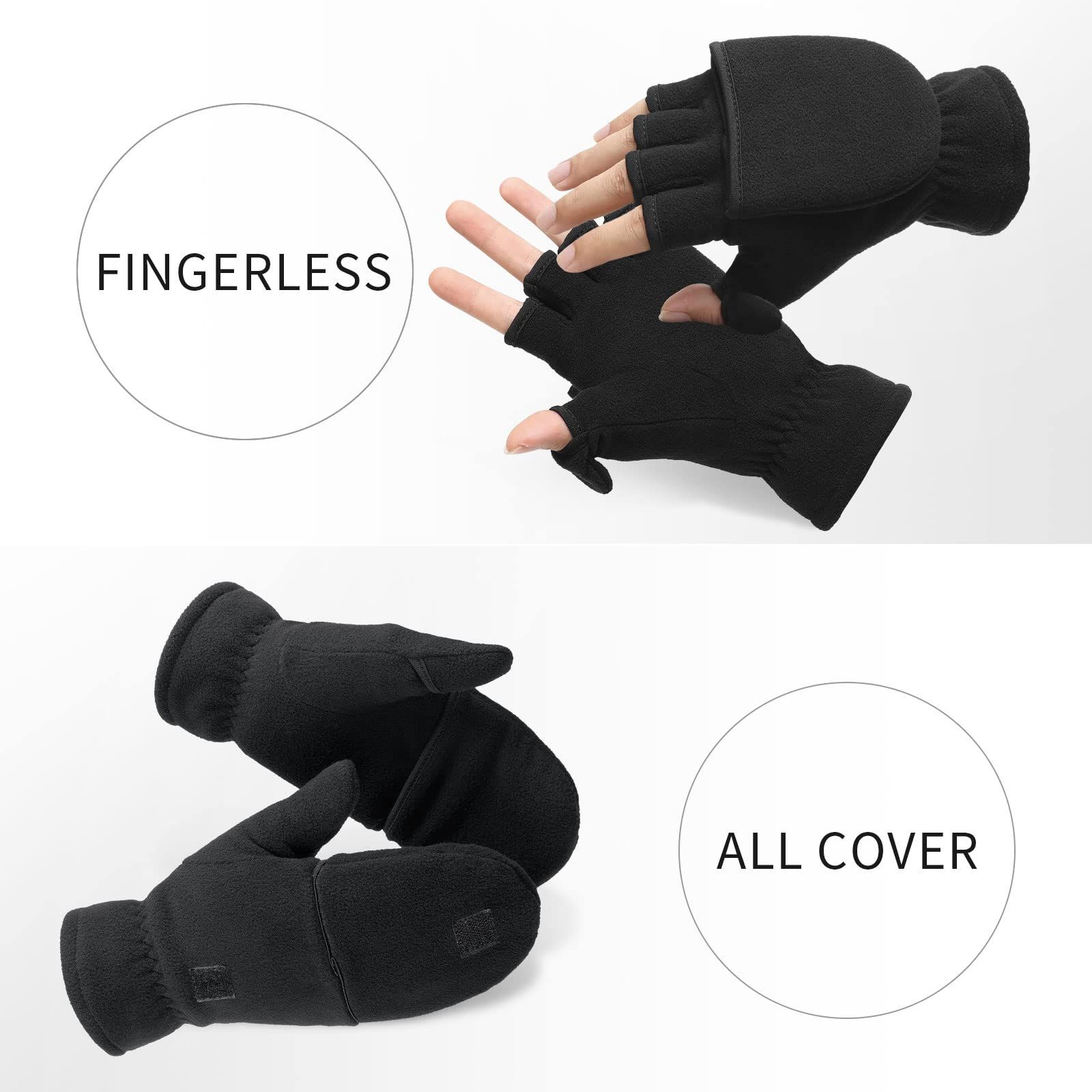 Half finger flip gloves Thermal Winter Gloves: Windproof 2 in 1 Convertible Mittens for Men & Women (Black S) - Image 2