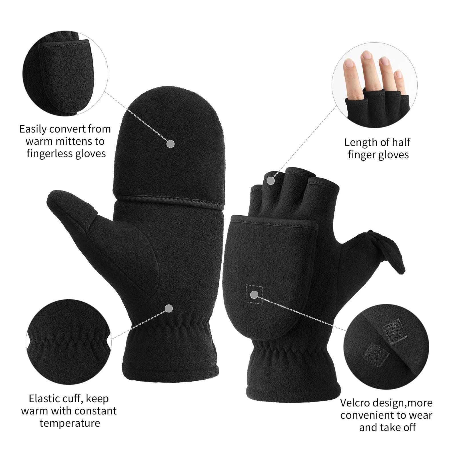 Half finger flip gloves Thermal Winter Gloves: Windproof 2 in 1 Convertible Mittens for Men & Women (Black S) - Image 3