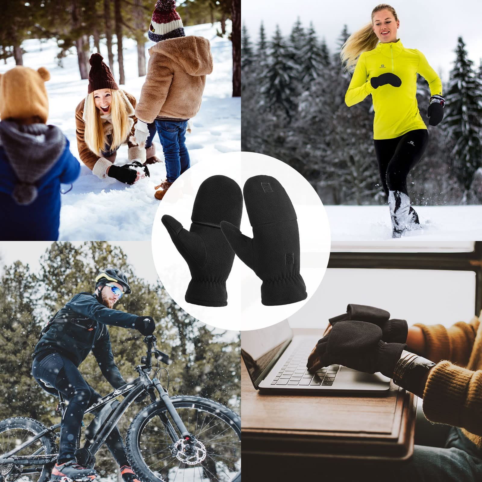 Half finger flip gloves Thermal Winter Gloves: Windproof 2 in 1 Convertible Mittens for Men & Women (Black S) - Image 4