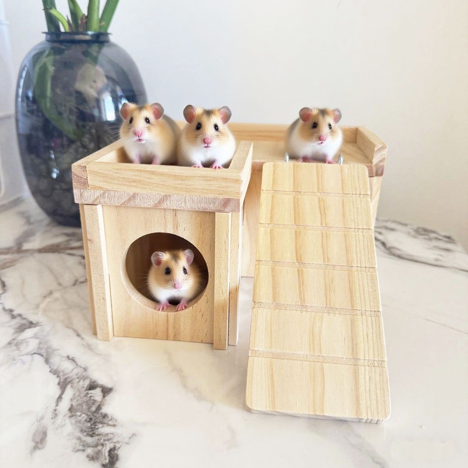Wooden Hamster Hideout Hamster Wood House with Ladder Hides Platform Decor Detachable Small Animals Cage Accessories for Rat Gerbils and Other Small Pets - Image 2