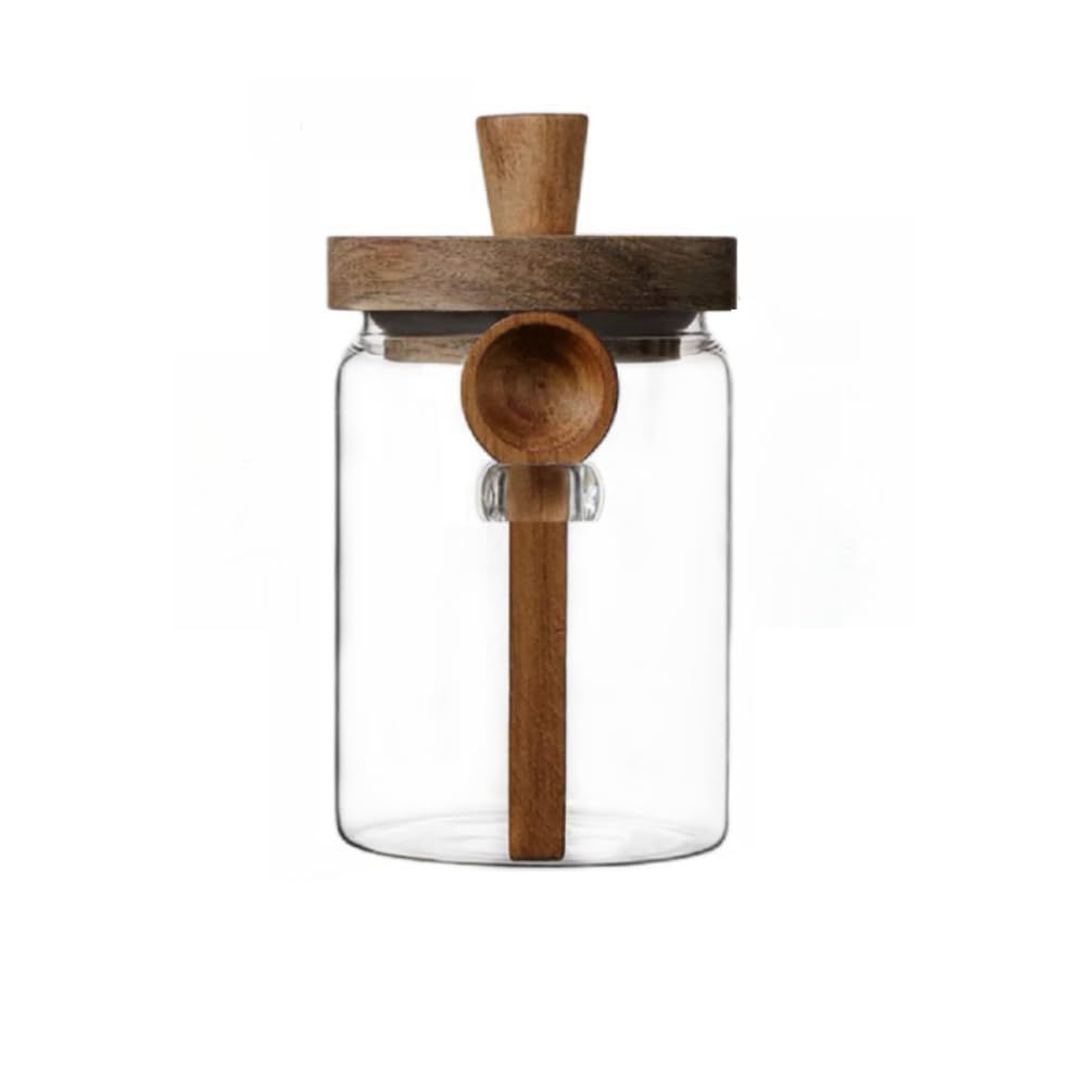 Glass Jar with Wooden Lid and Spoon,  Food Storage Containers Coffee Jar Coffee Grounds Container, Glass Food Storage Canister (1 Pcs, 600ml) - Image 1