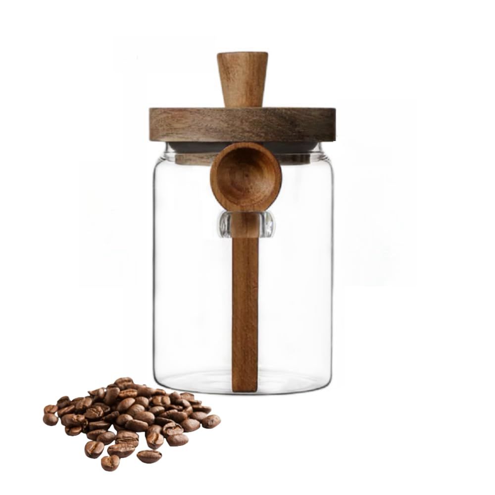 Glass Jar with Wooden Lid and Spoon,  Food Storage Containers Coffee Jar Coffee Grounds Container, Glass Food Storage Canister (1 Pcs, 600ml) - Image 4