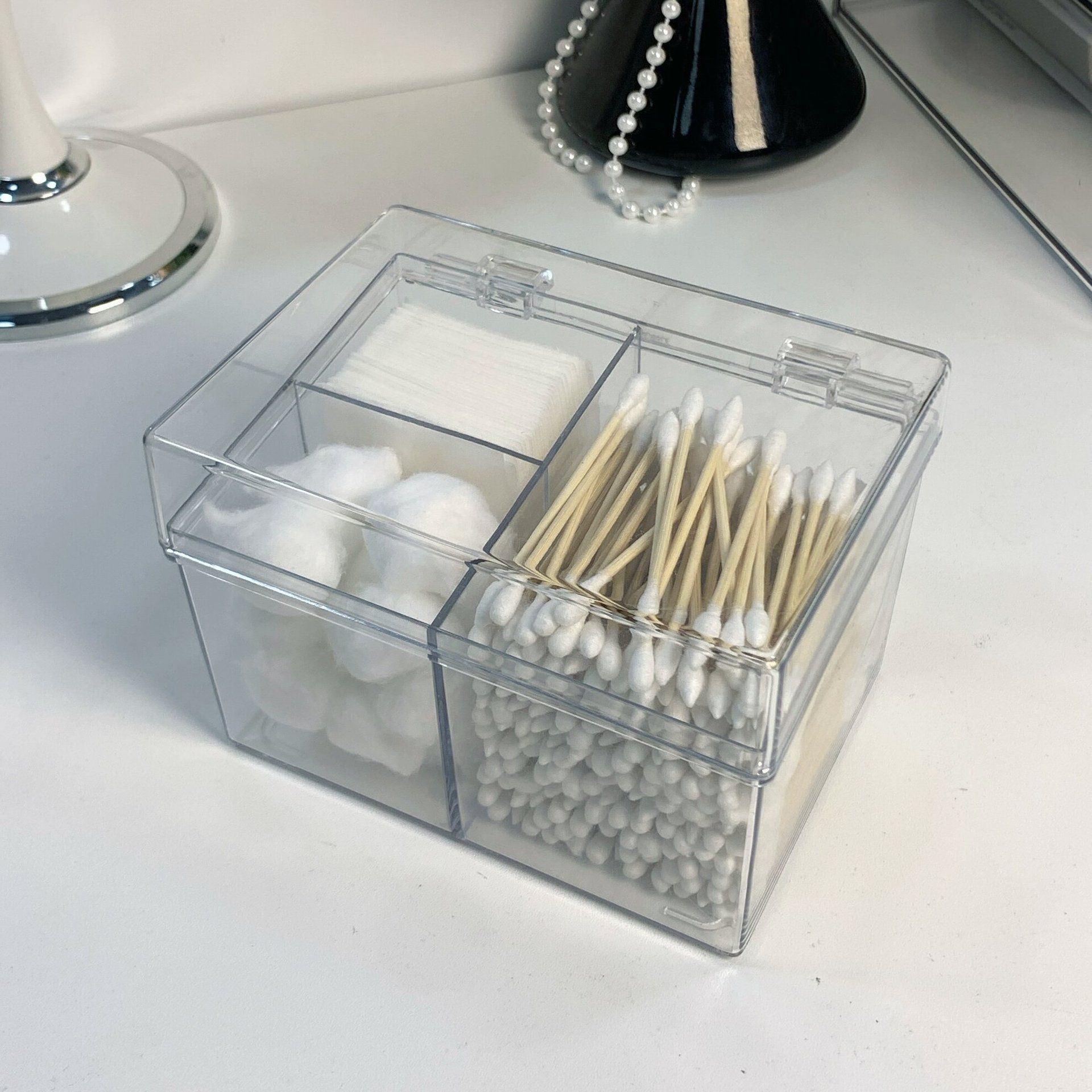 Canister for Make Up Pads, Floss Picks, Vanity Storage,Bath Salts, Cosmetics, Home Bathroom Decor （Transparent 3-grid） - Image 3
