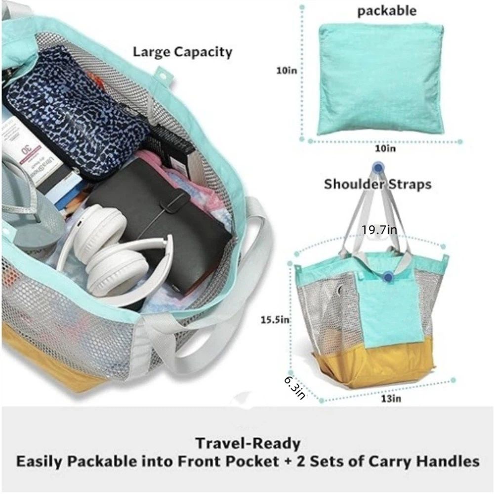 Large Mesh Beach Bag, Vacation, Pool, Shopping, & Travel Tote - Foldable w/Storage Pockets for Women, Men & Families（yellow） - Image 5