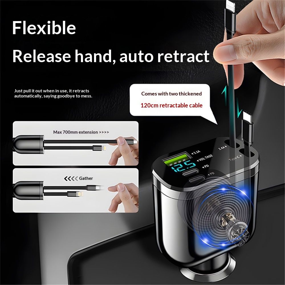 Retractable Car Charger,Car Phone Charger with Cables Fast Charging, USB C Car Charger Adapter , Black - Image 2