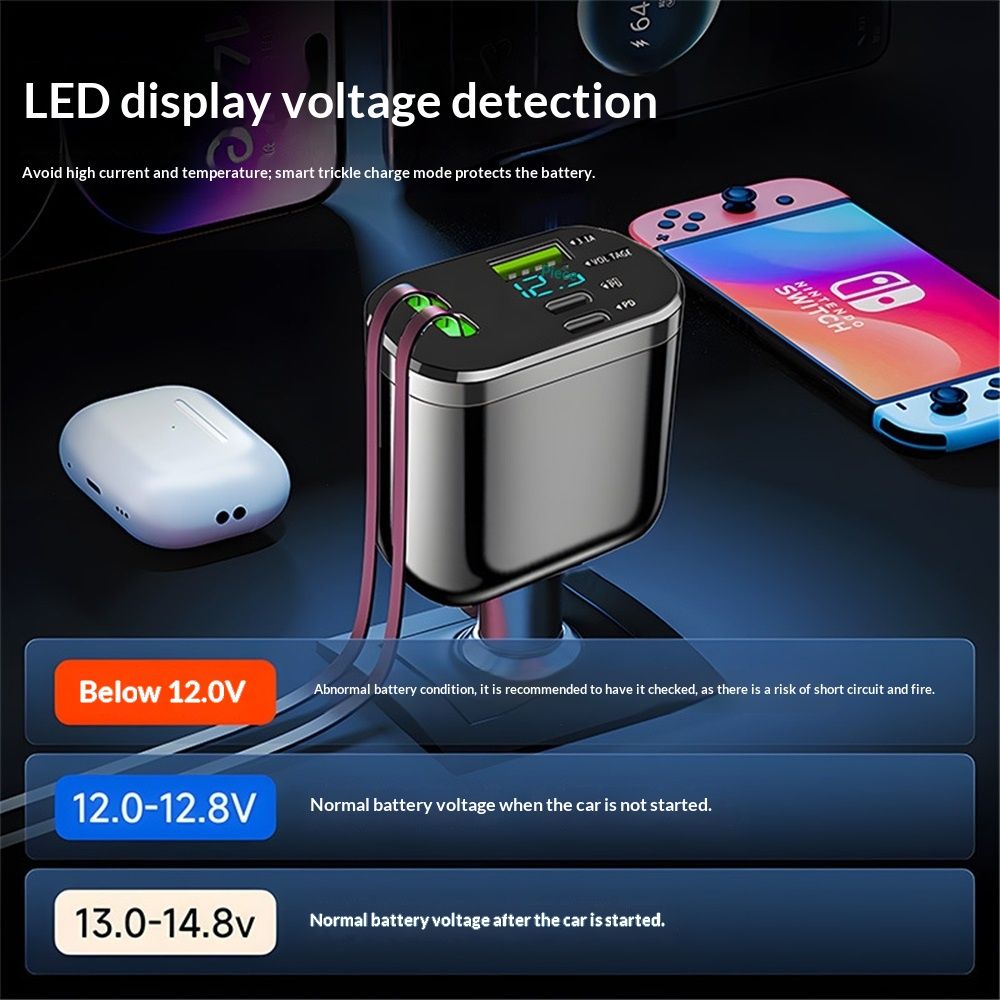 Retractable Car Charger,Car Phone Charger with Cables Fast Charging, USB C Car Charger Adapter , Black - Image 3