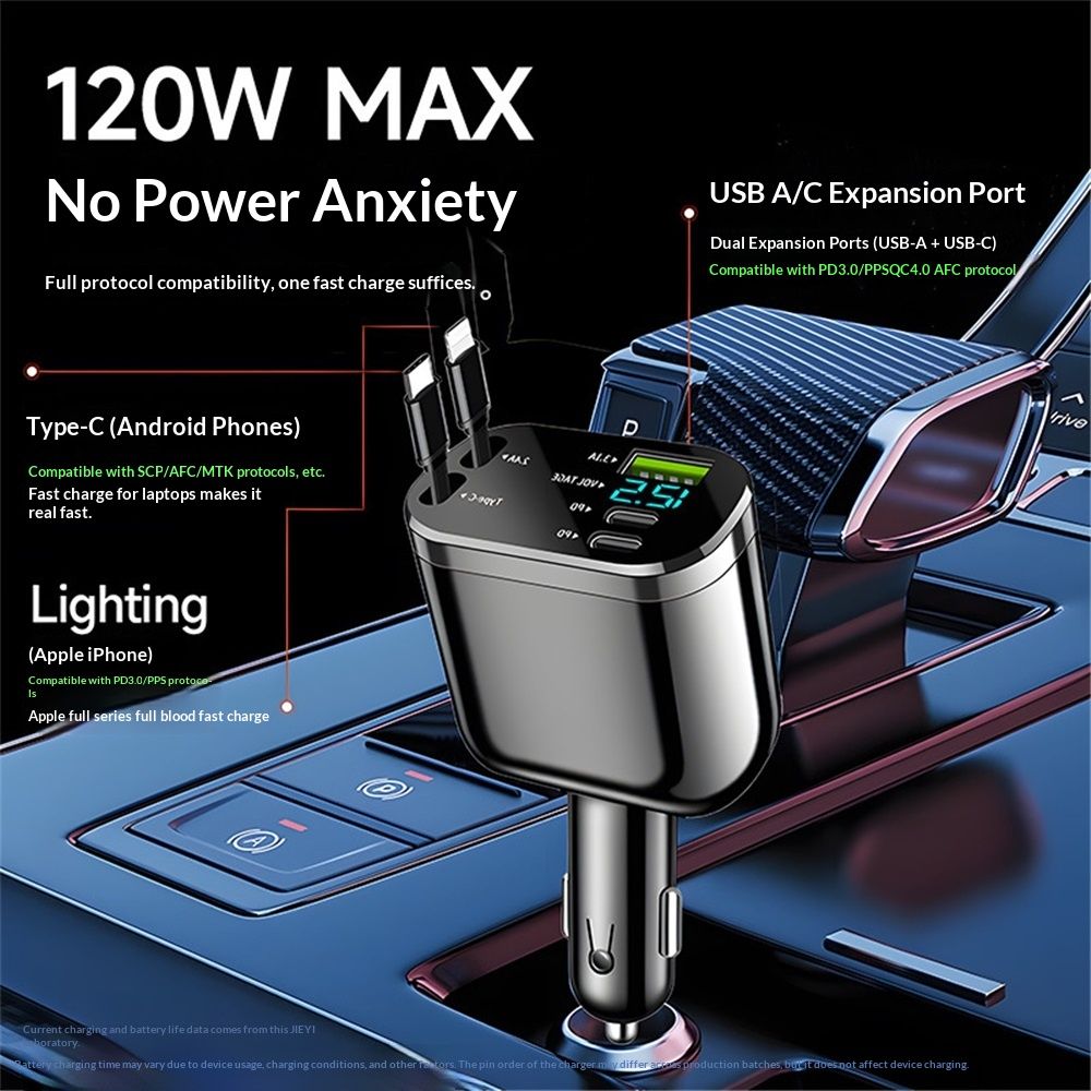 Retractable Car Charger,Car Phone Charger with Cables Fast Charging, USB C Car Charger Adapter , Black - Image 4