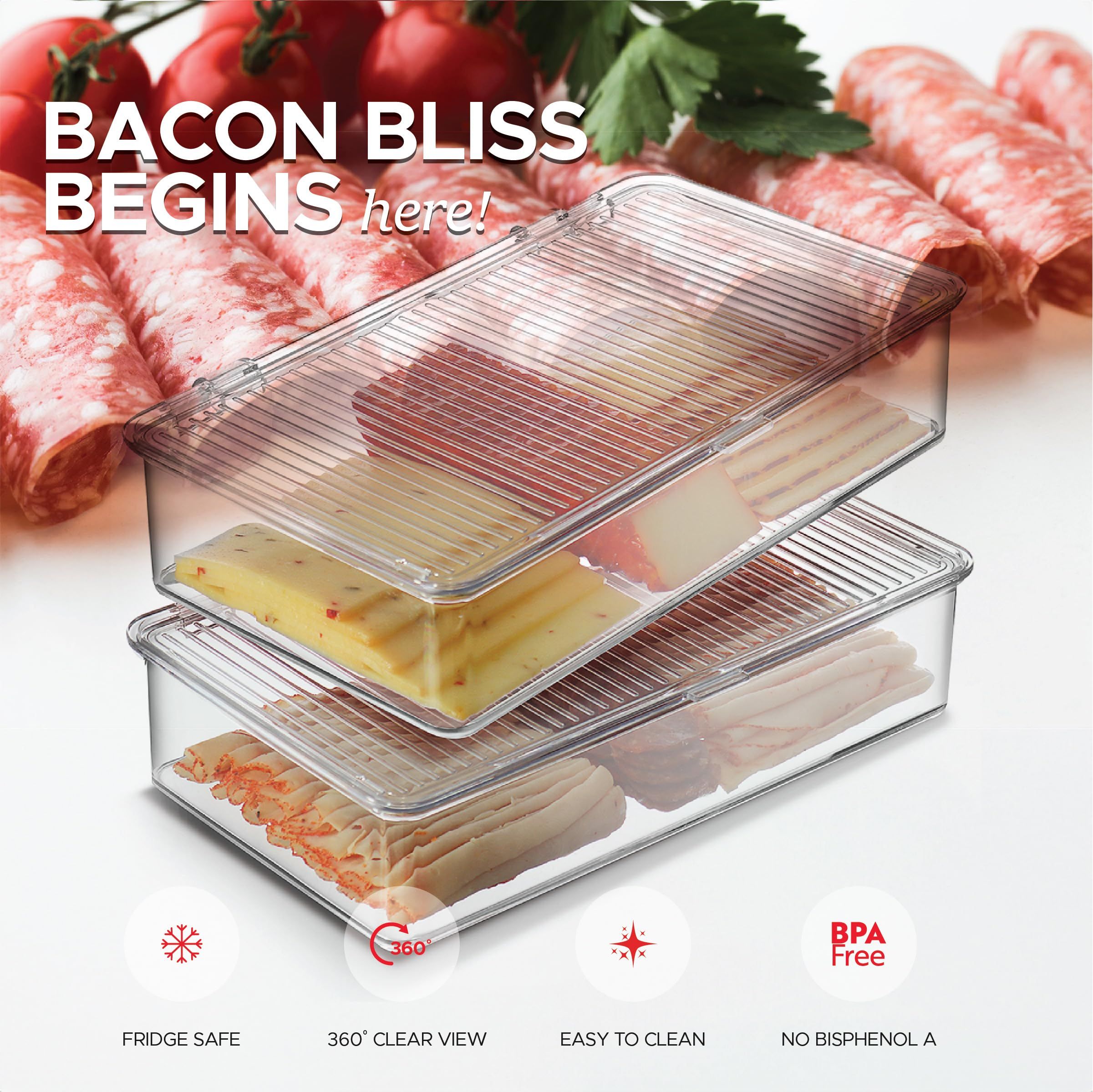 Bacon Container For Refrigerator (2 Pack) Fridge Storage Organizer | Cheese & Deli Storage Container | Bacon Keeper | Cold Cuts Meat Saver | Cheese Holder, BPA Free - Image 5