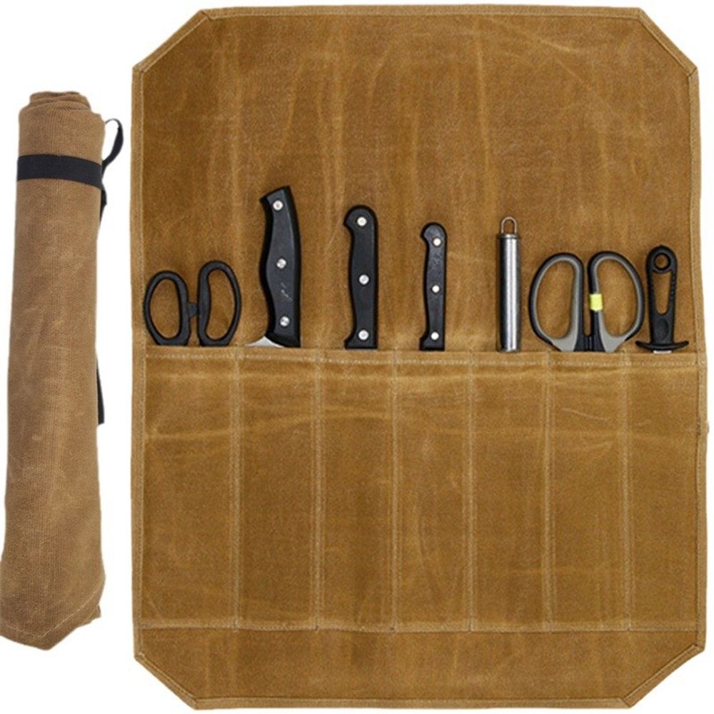 Chef’s Knife Roll Bag,Waxed Canvas Knife Cultery Carrier, Portable Chef Knife Cases,Knife Pouch Holders Pockets Can Hold Home Kitchen Knife Tools - Image 3